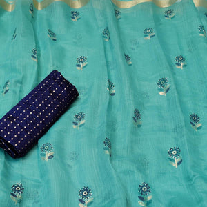 Charming Sea Green Colored Festive Wear Foil Printed Cotton Silk Saree - Peachmode