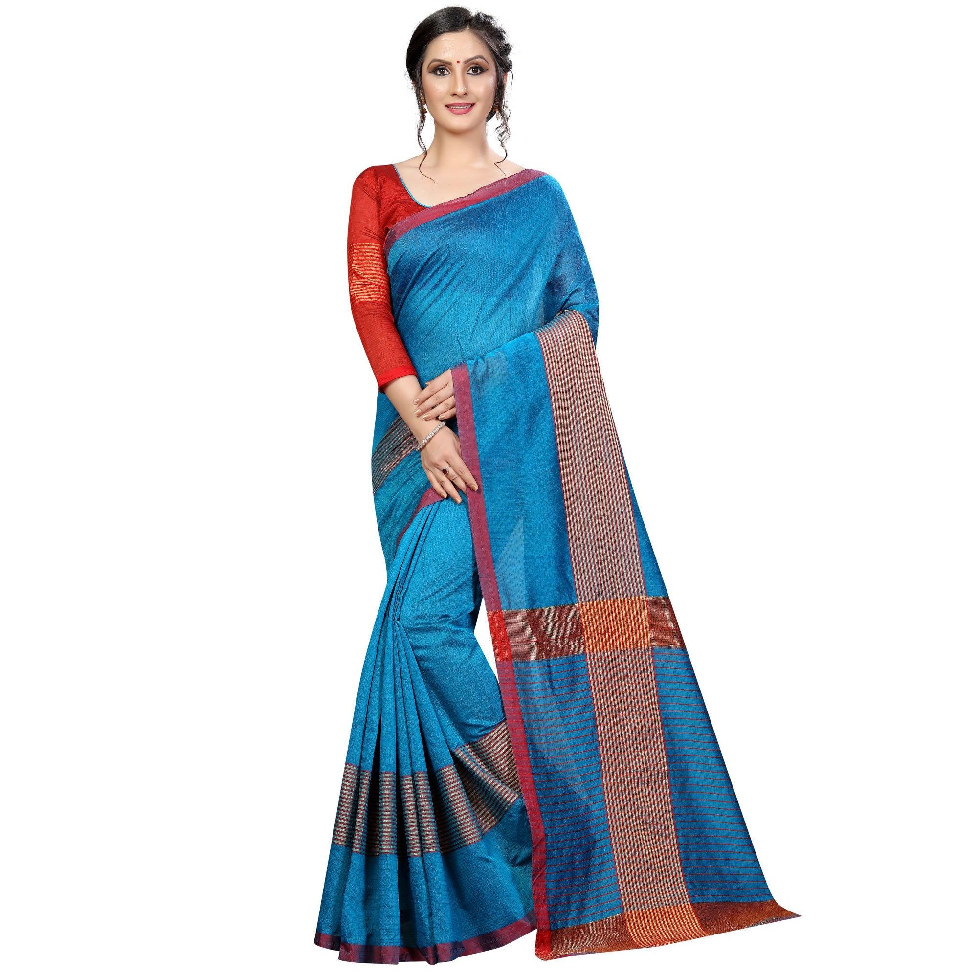 Charming Sky Blue Colored Festive Wear Cotton Saree - Peachmode