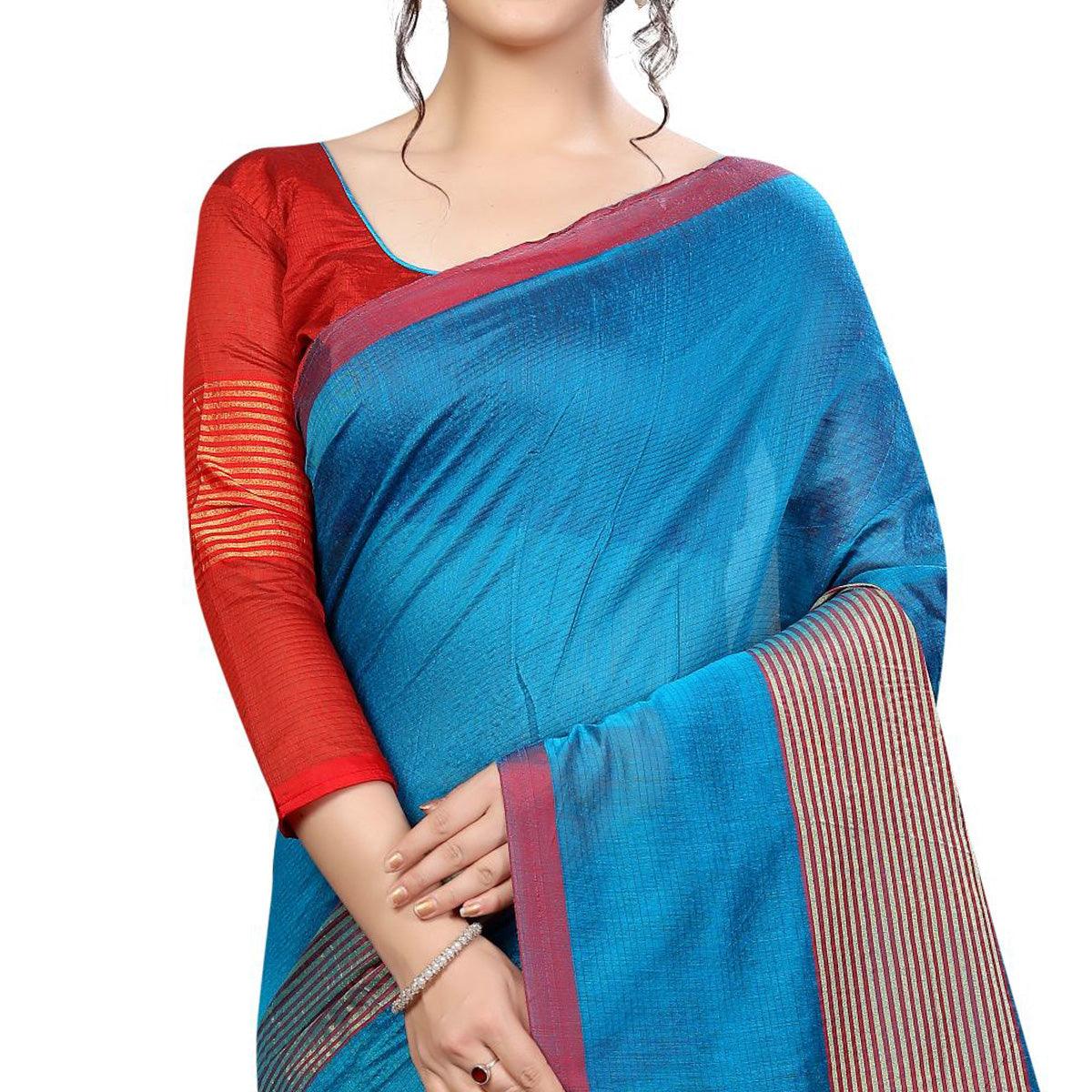 Charming Sky Blue Colored Festive Wear Cotton Saree - Peachmode