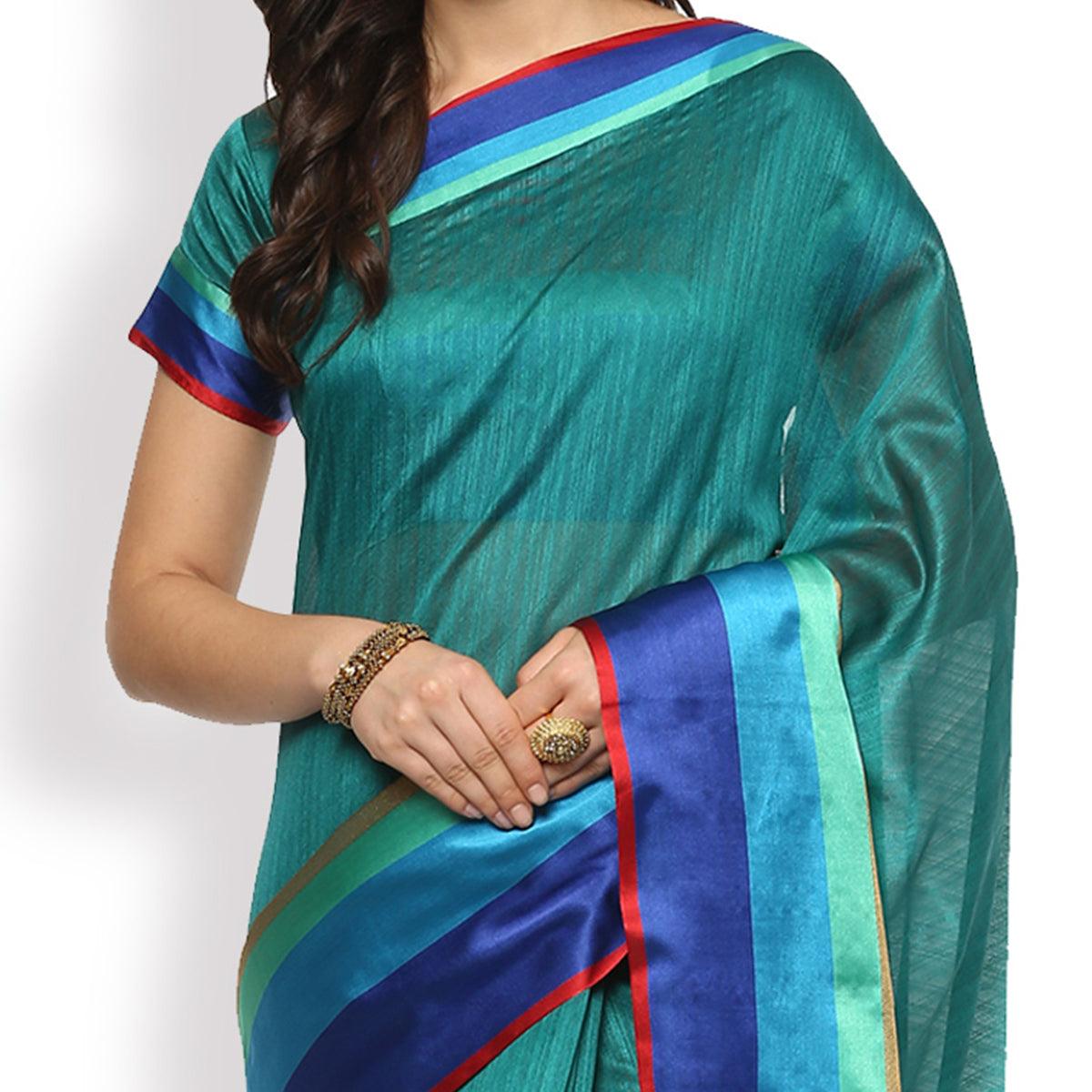 Charming Turquoise Green Colored Festive Wear Cotton Weaving Saree - Peachmode