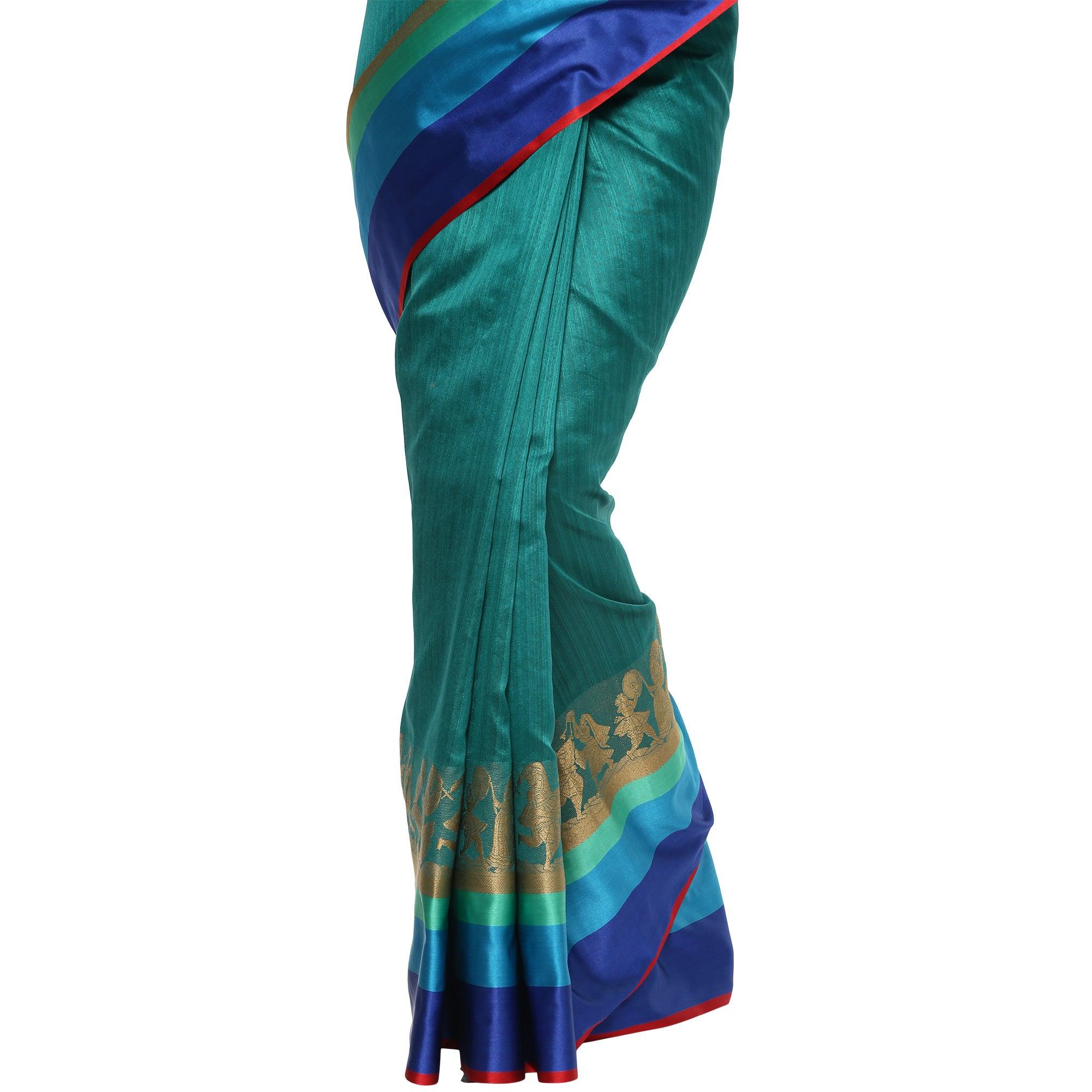 Charming Turquoise Green Colored Festive Wear Cotton Weaving Saree - Peachmode