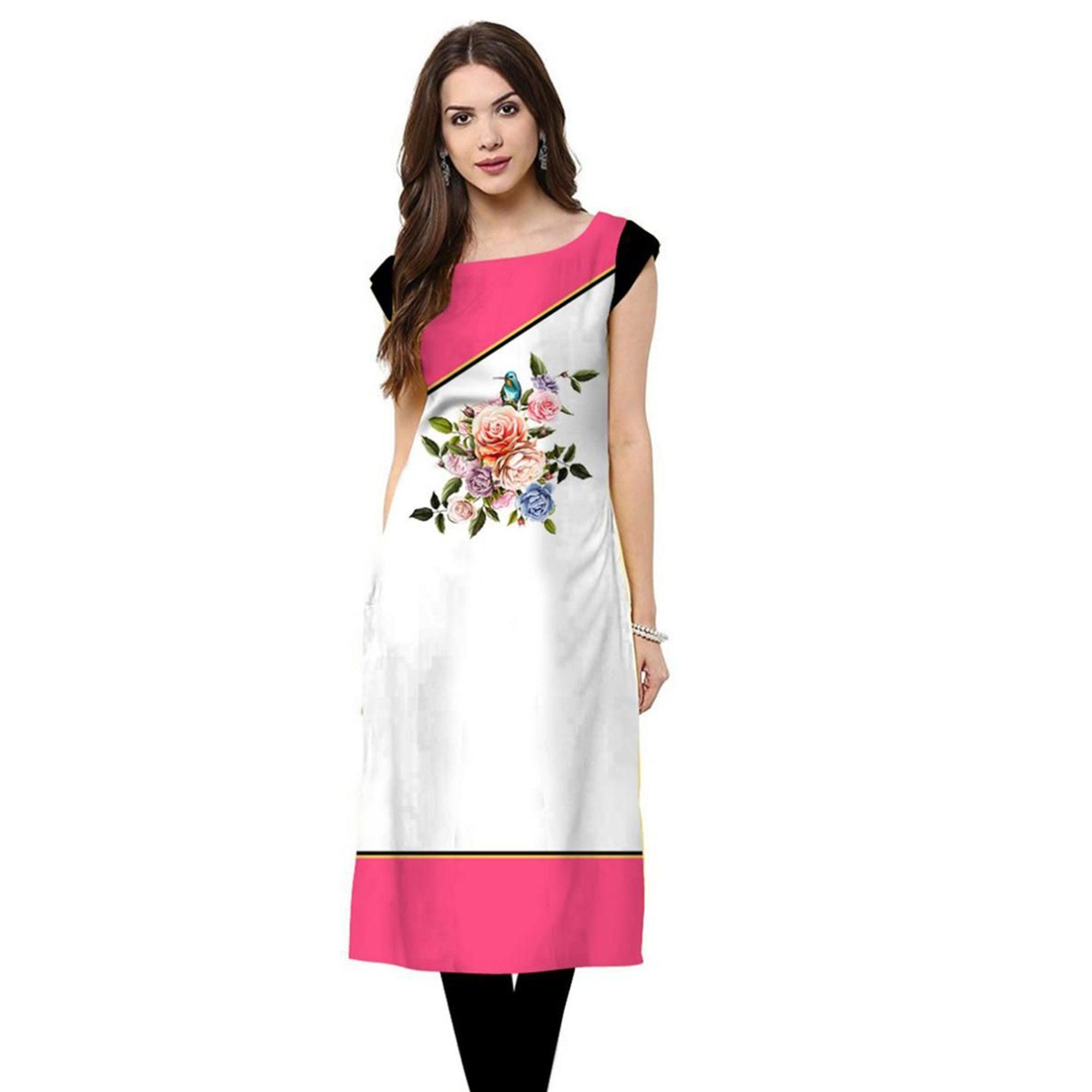 Charming White Colored Casual Printed Rayon Kurti - Peachmode