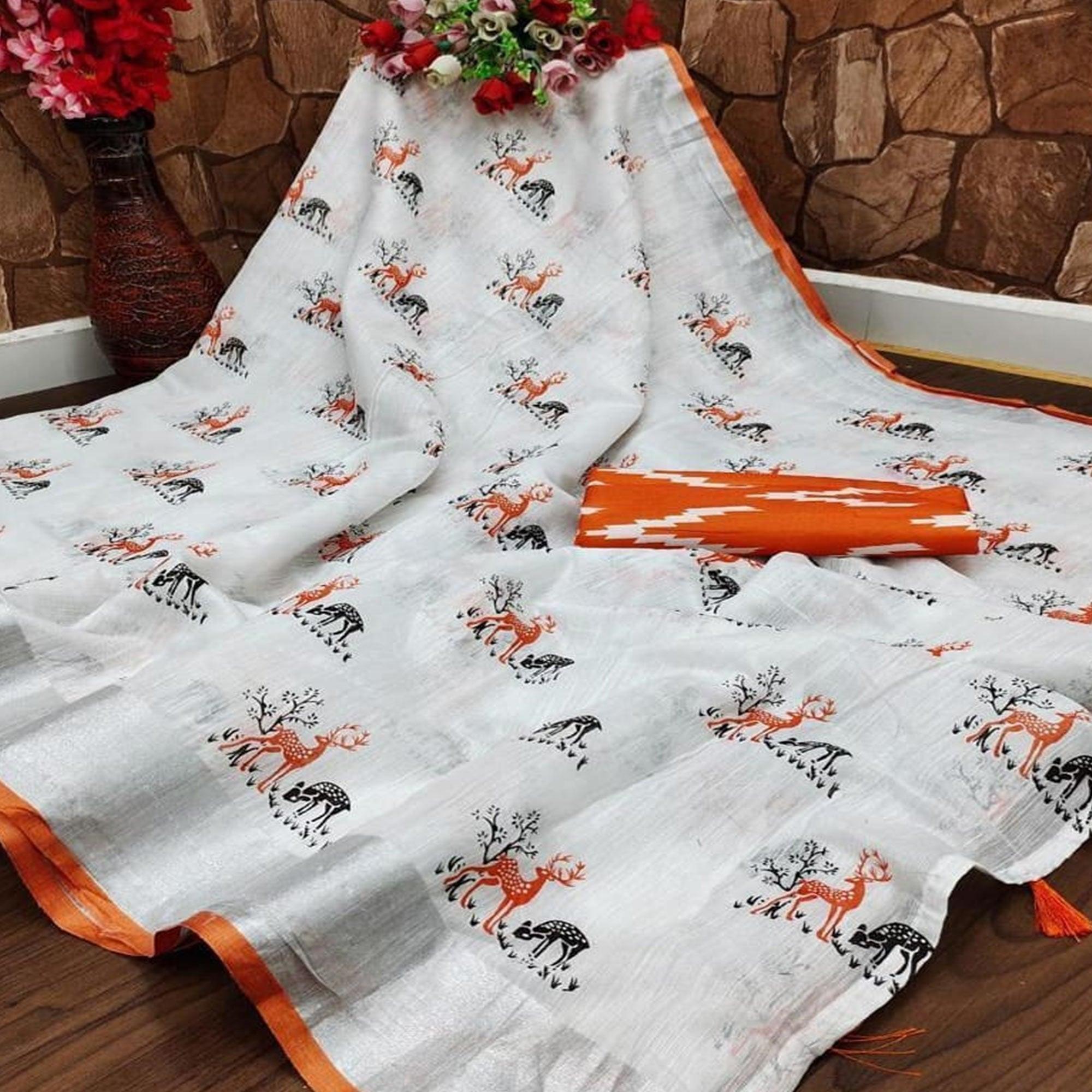 Charming White - Orange Colored Casual Wear Digital Printed Linen Saree - Peachmode
