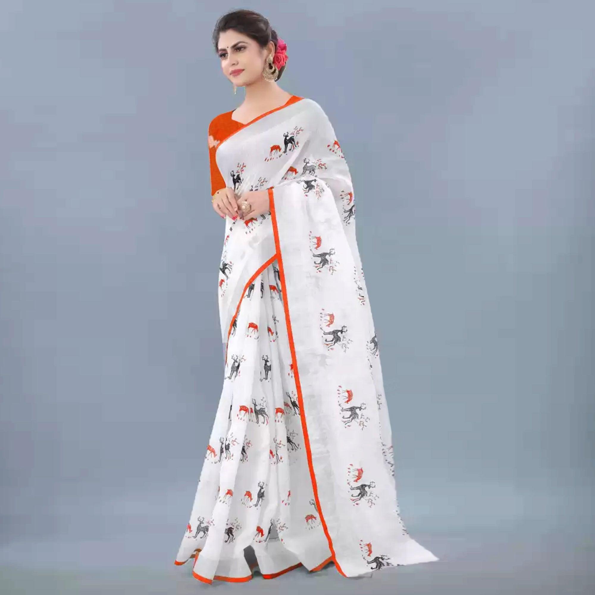 Charming White - Orange Colored Casual Wear Digital Printed Linen Saree - Peachmode