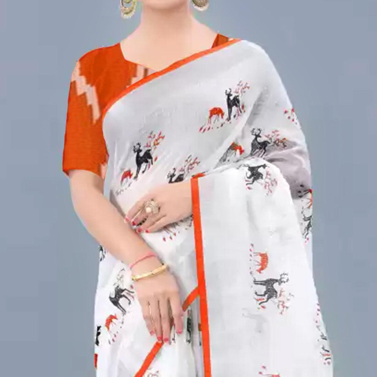 Charming White - Orange Colored Casual Wear Digital Printed Linen Saree - Peachmode