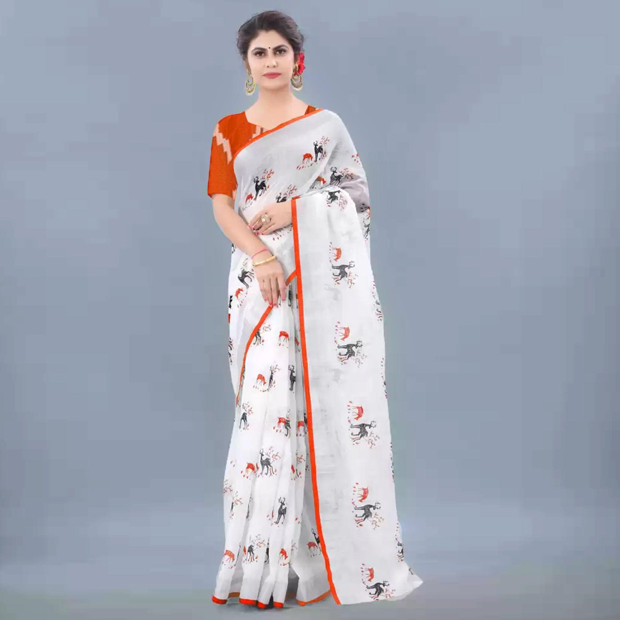 Charming White - Orange Colored Casual Wear Digital Printed Linen Saree - Peachmode