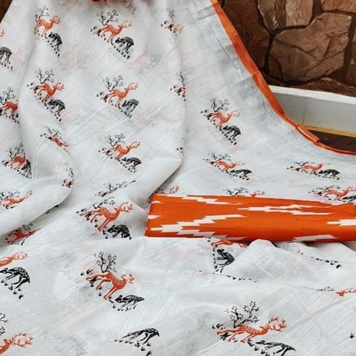 Charming White - Orange Colored Casual Wear Digital Printed Linen Saree - Peachmode