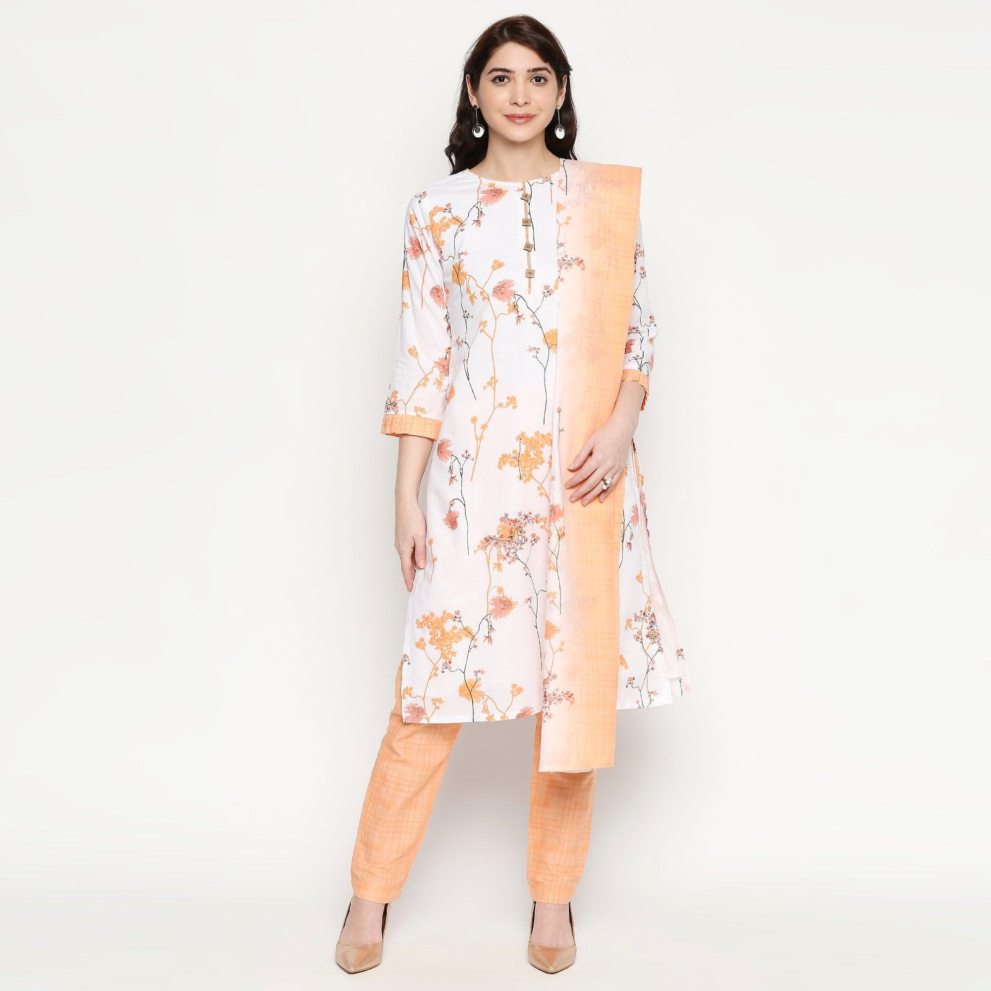 Charming White-Orange Colored Casual Wear Floral Printed Cotton Kurti-Pant Set With Dupatta - Peachmode