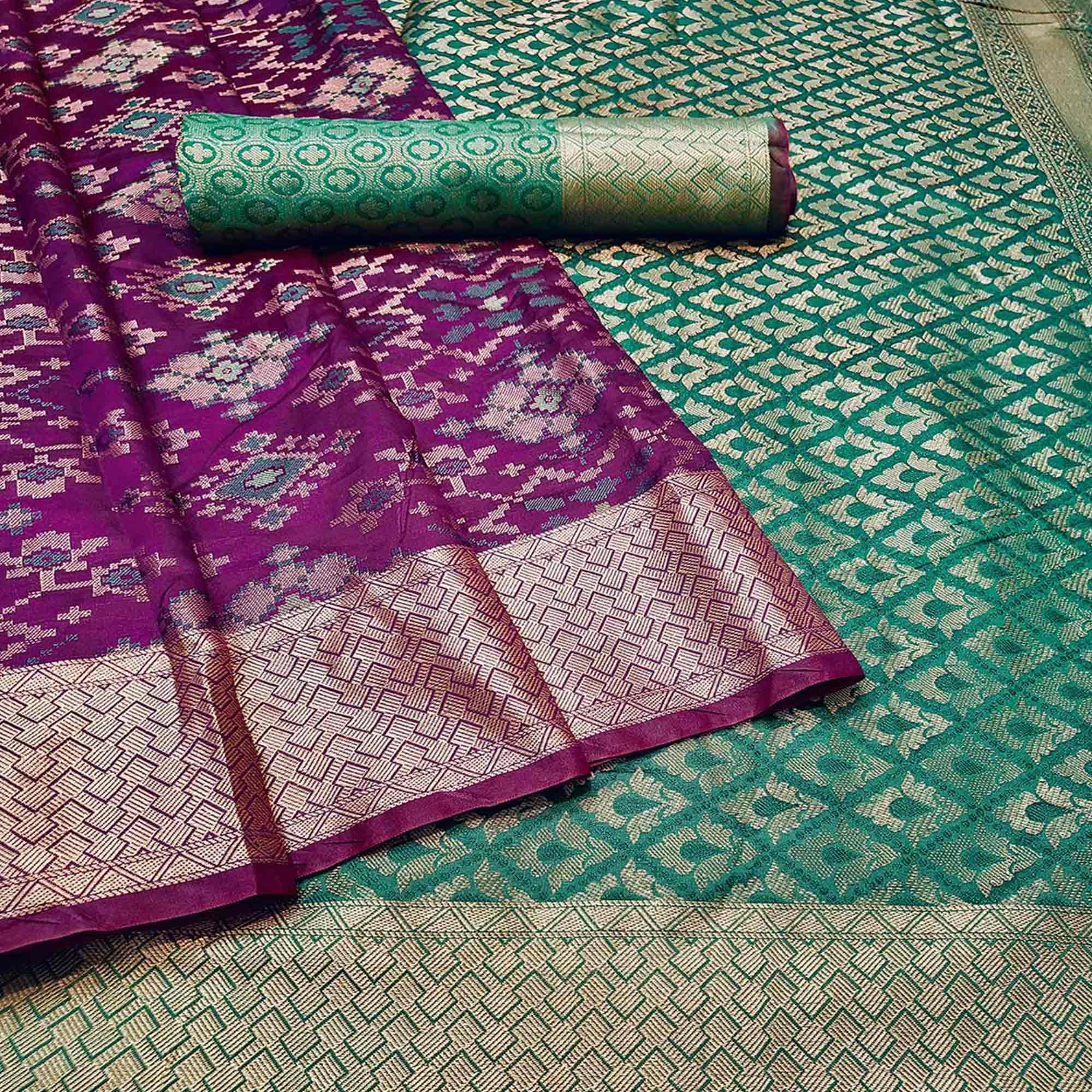 Charming Wine Colored Festive Wear Woven Banarasi Silk Saree - Peachmode