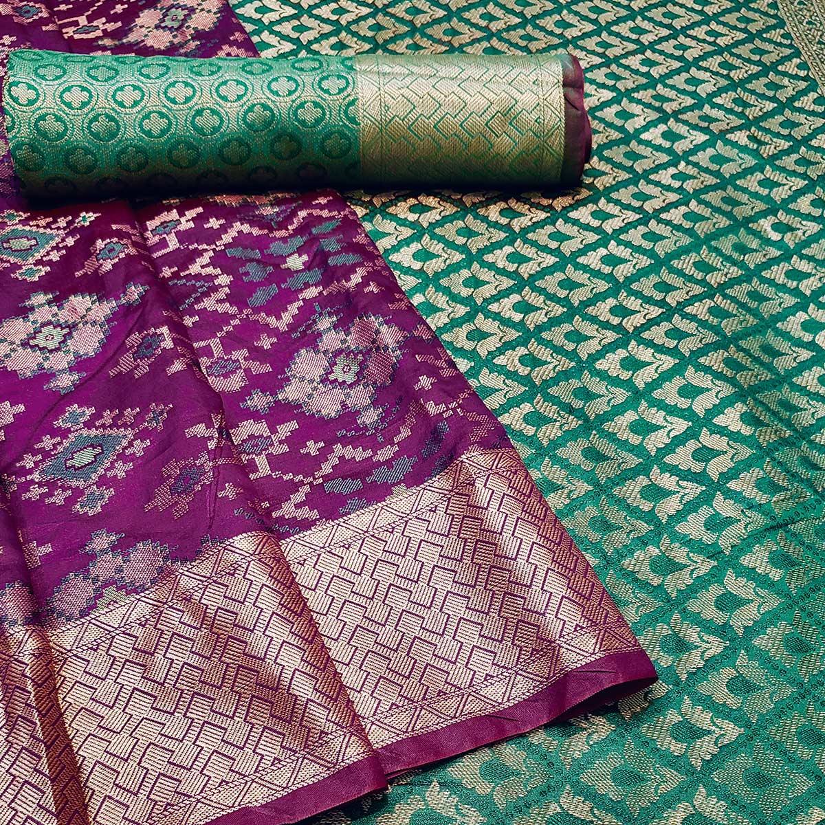Charming Wine Colored Festive Wear Woven Banarasi Silk Saree - Peachmode