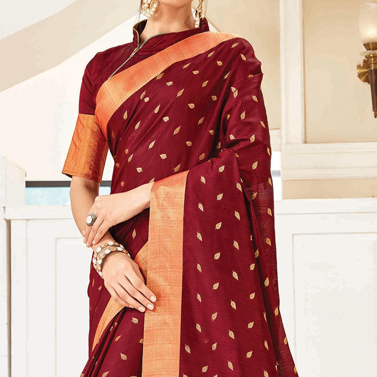 Charming Wine Colored Festive Wear Woven Handloom Silk Saree With Tassels - Peachmode