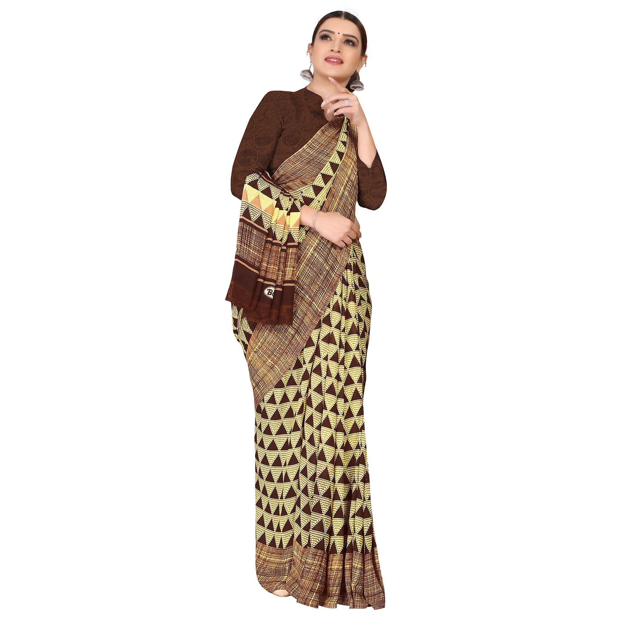 Charming Yellow Colored Casual Wear Printed Georgette Saree - Peachmode