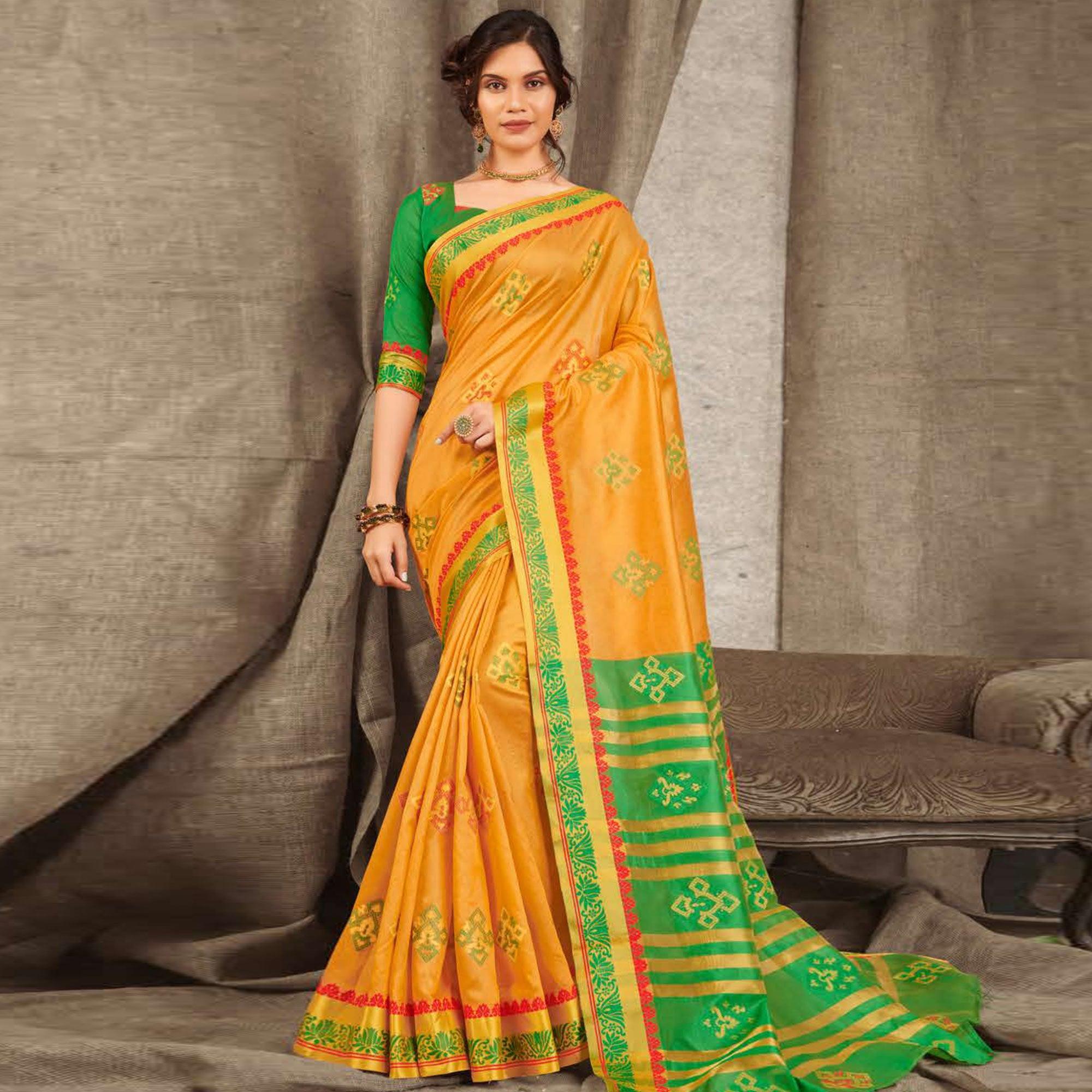 Charming Yellow Colored Festive Wear Woven Cotton Handloom Saree - Peachmode