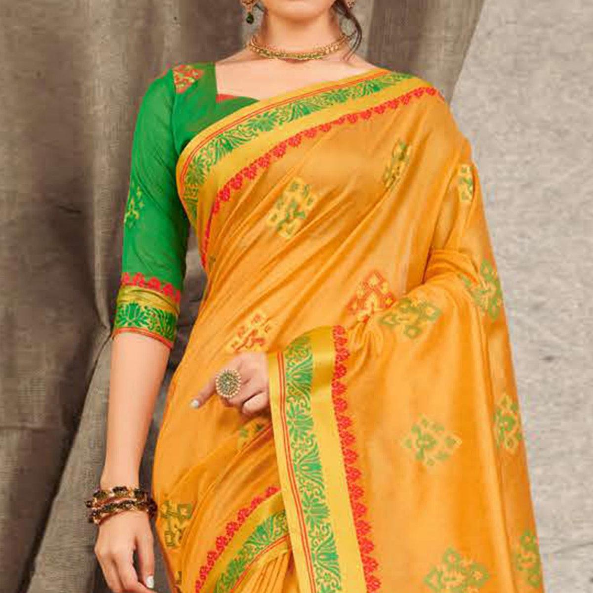 Charming Yellow Colored Festive Wear Woven Cotton Handloom Saree - Peachmode