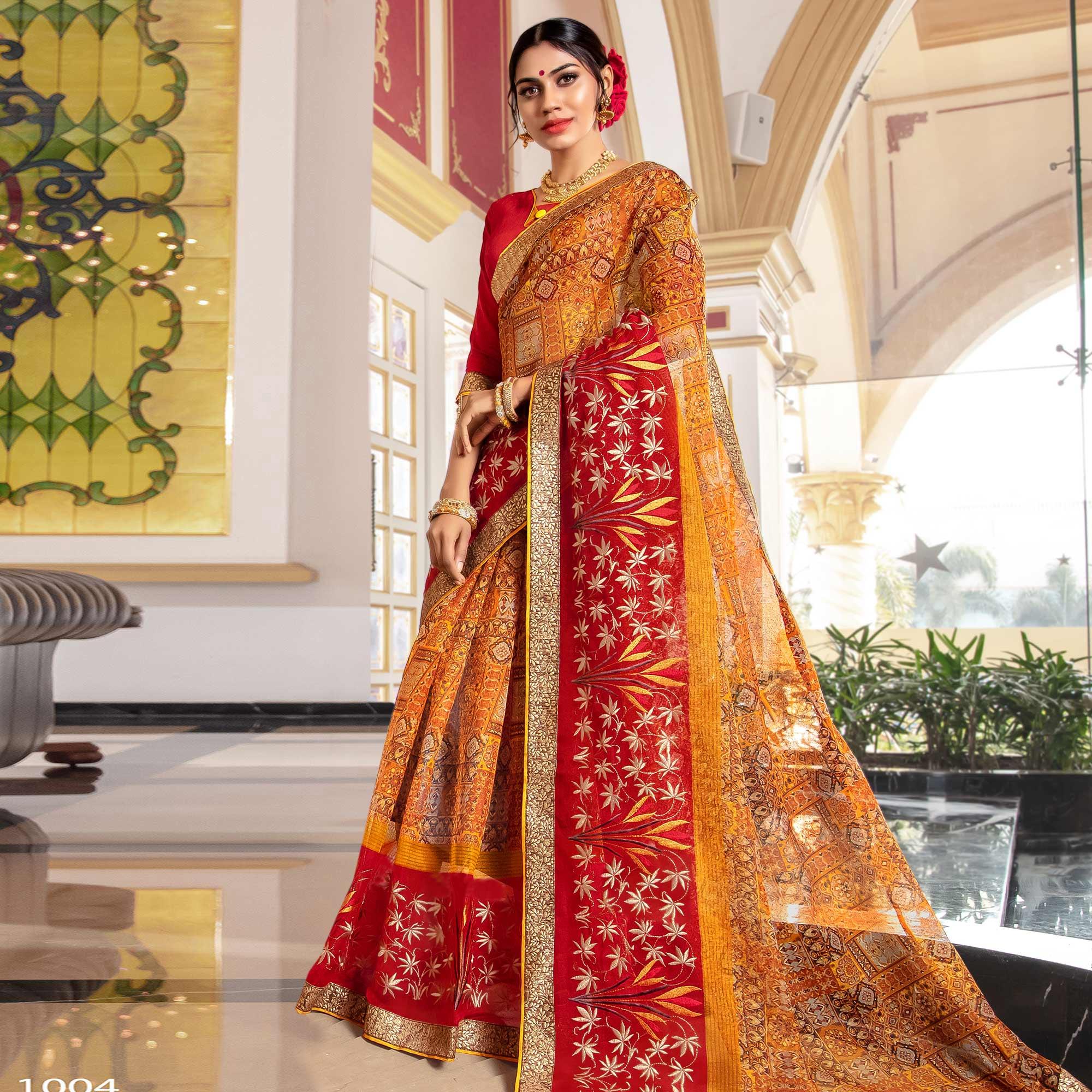 Charming Yellow - Red Colored Partywear Embroidered Silk Saree - Peachmode