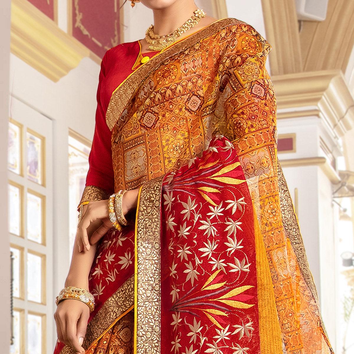 Charming Yellow - Red Colored Partywear Embroidered Silk Saree - Peachmode