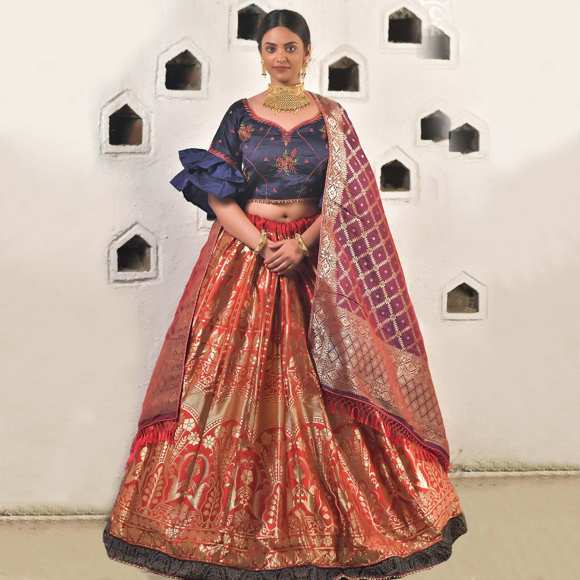 Cherry-Red Festive Wear Cutdana With Resham & Zardosi Work Banarasi Art Silk Lehenga Choli - Peachmode