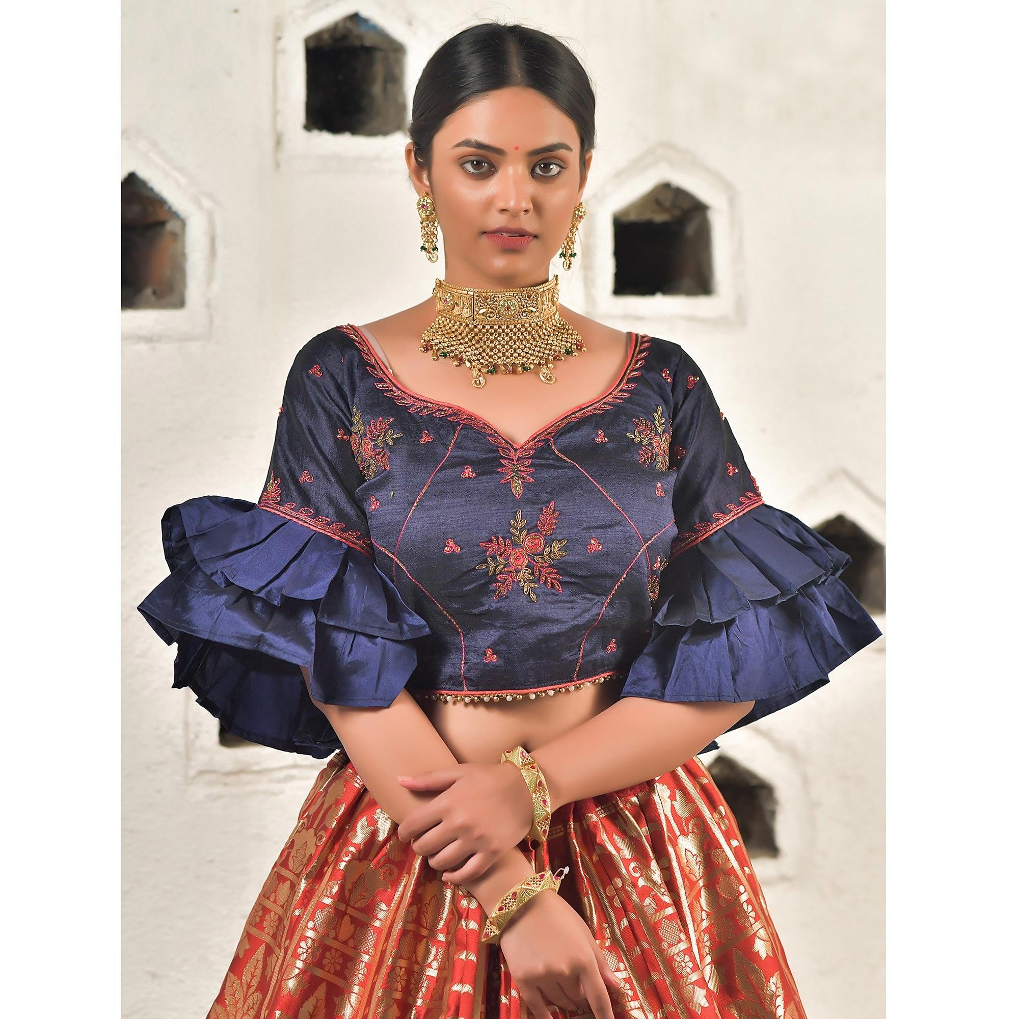 Cherry-Red Festive Wear Cutdana With Resham & Zardosi Work Banarasi Art Silk Lehenga Choli - Peachmode