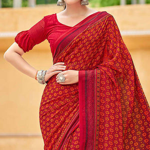 Cherry Red Printed Georgette Saree - Peachmode
