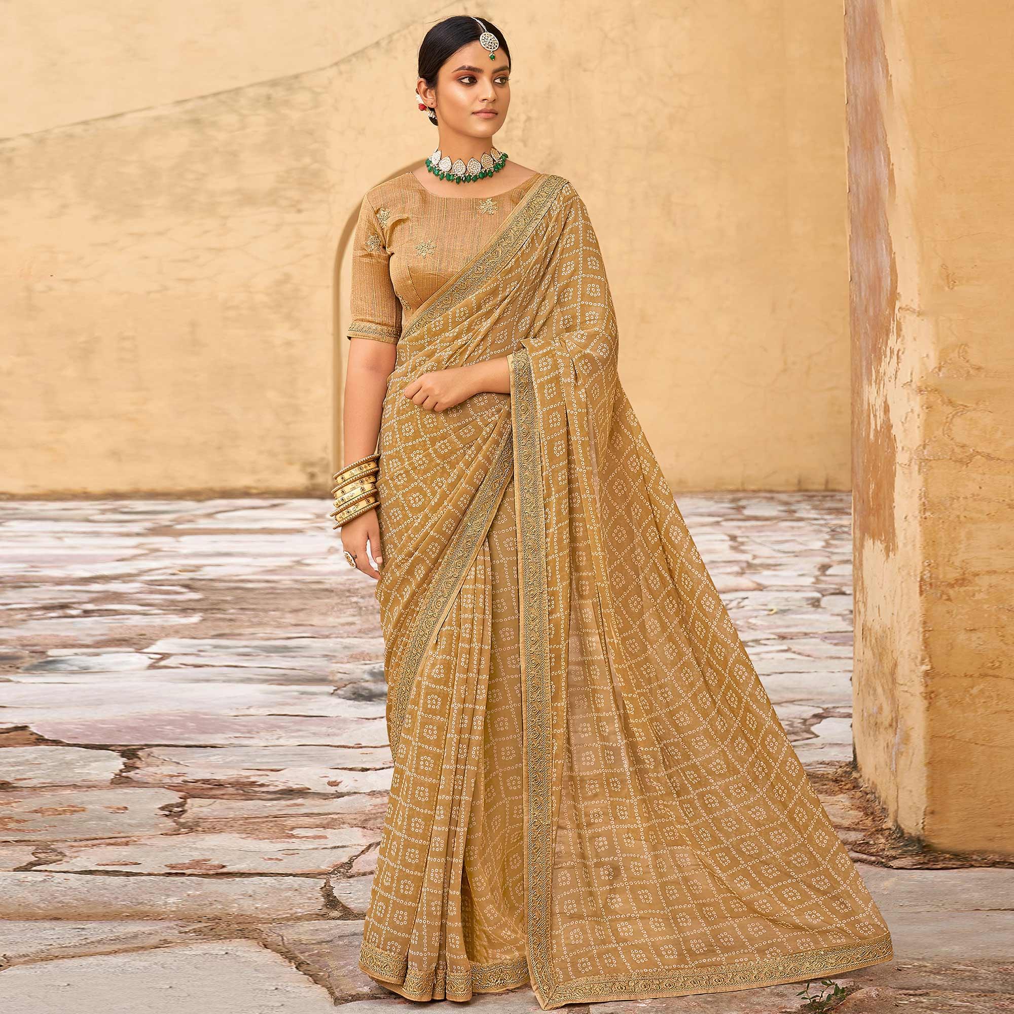Chikoo Bandhani Printed Georgette Saree - Peachmode