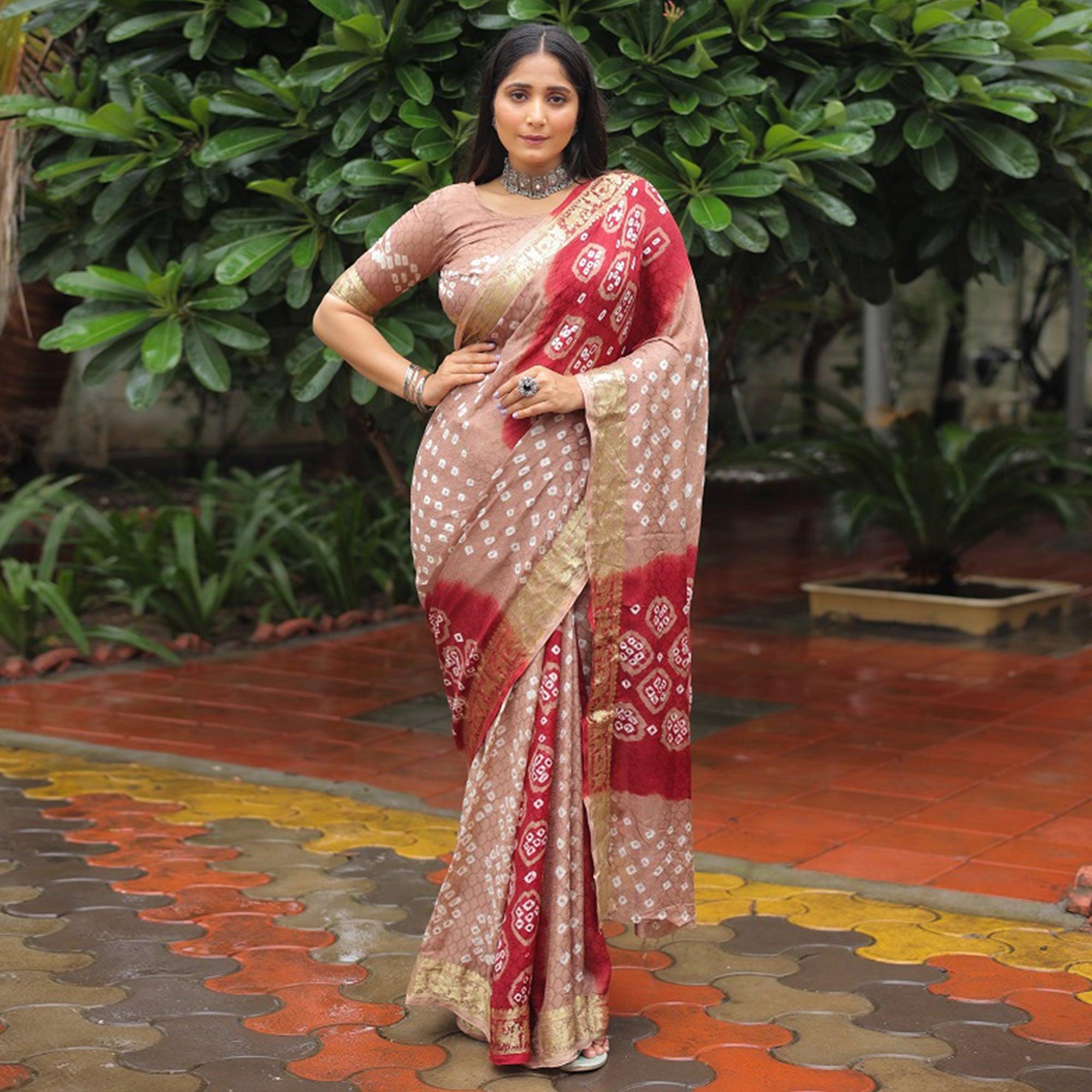 Chikoo Bandhani Printed With Woven Border Art Silk Saree - Peachmode