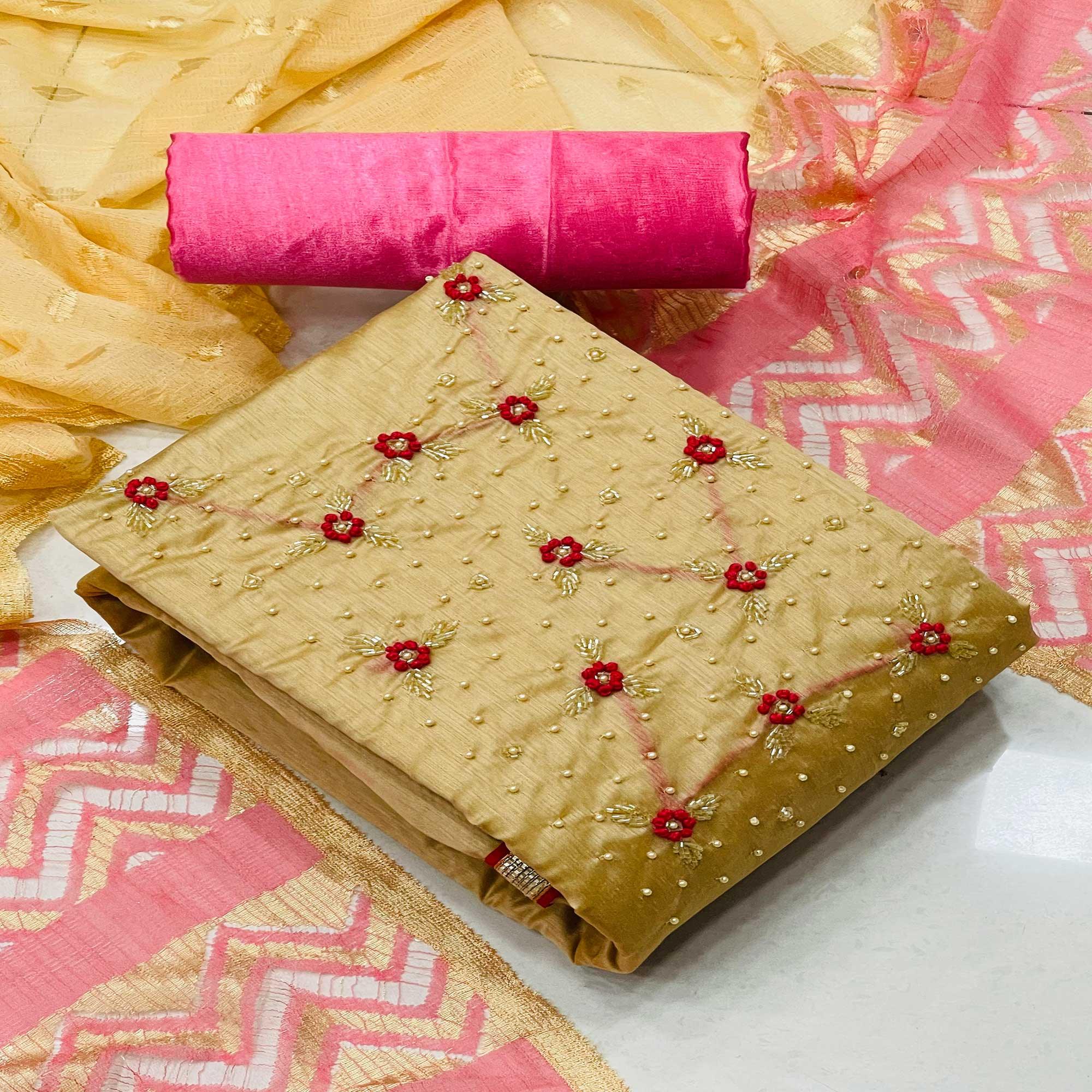 Chikoo Casual Wear Embellished Modal Silk Dress Material - Peachmode