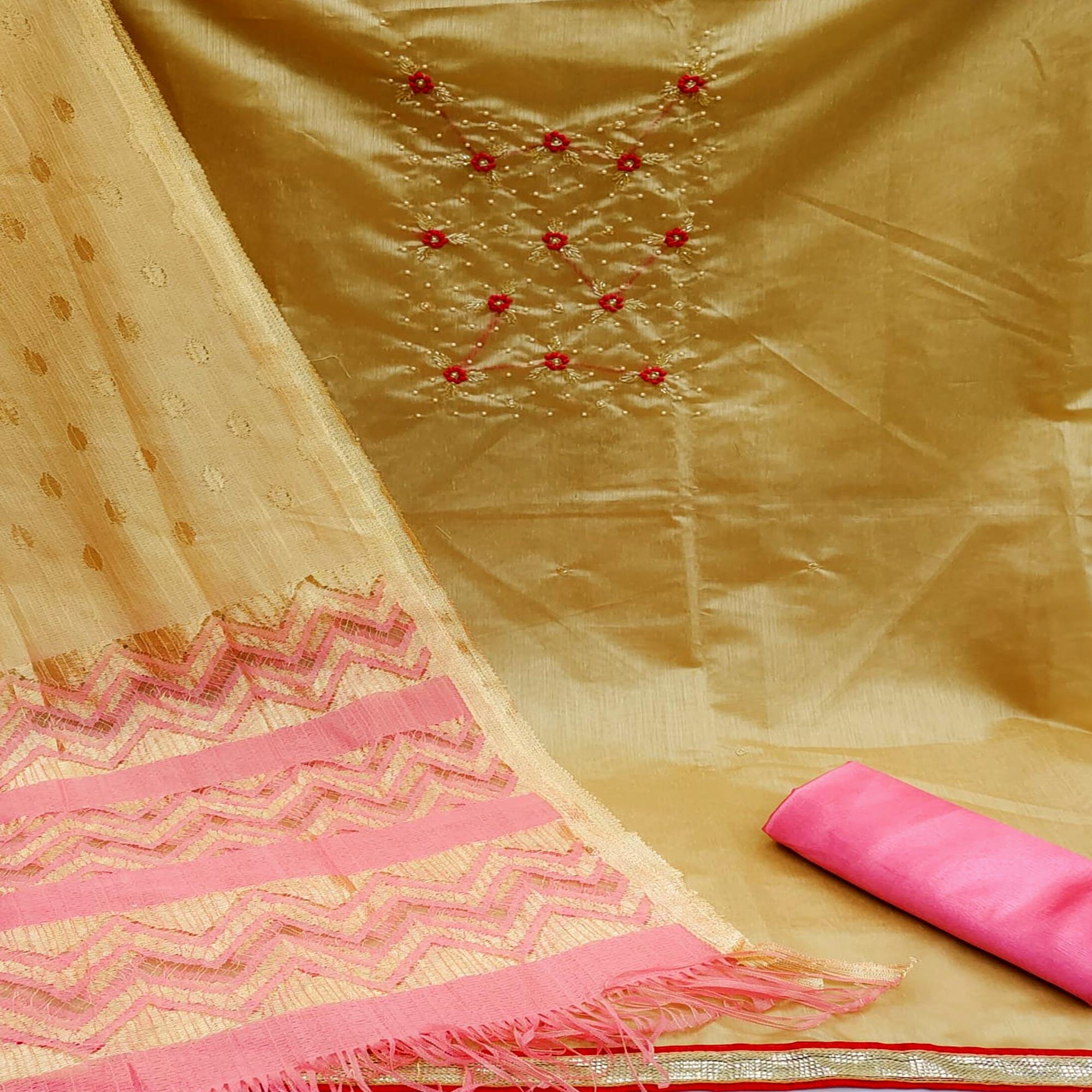 Chikoo Casual Wear Embellished Modal Silk Dress Material - Peachmode