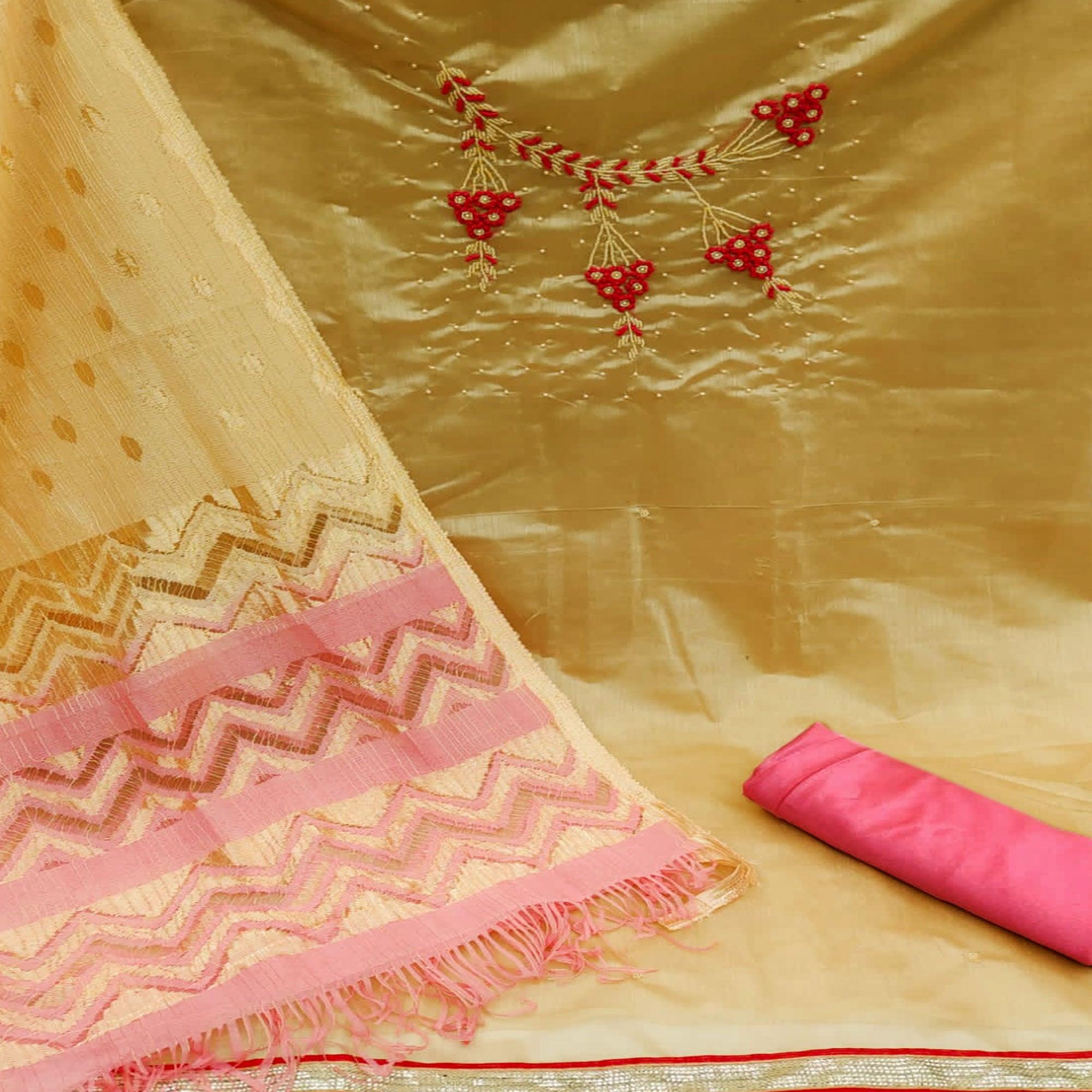 Chikoo Casual Wear Embellished With Embroidered Modal Silk Dress Material - Peachmode