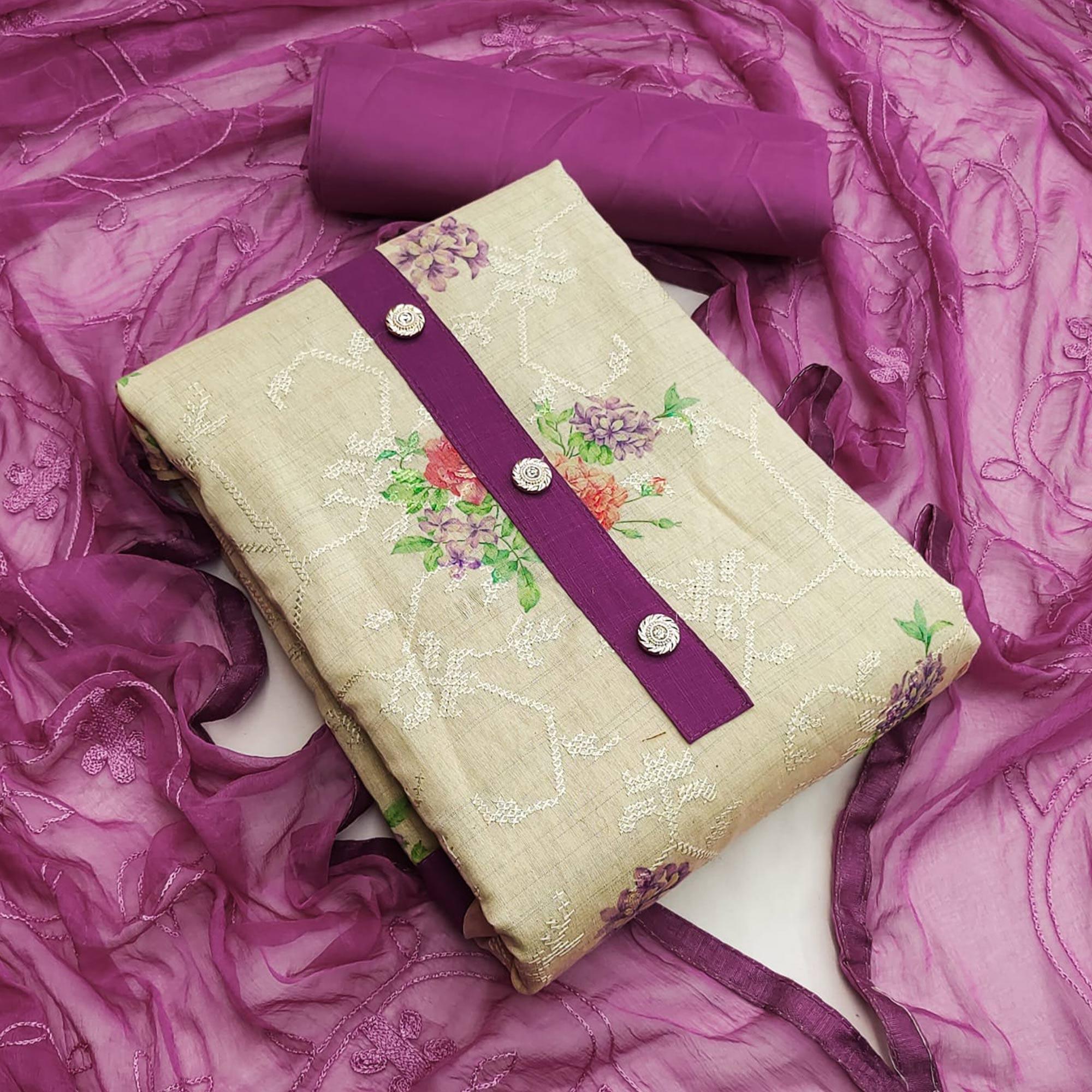 Chikoo Casual Wear Embroidery With Floral Printed Cotton Dress Material - Peachmode