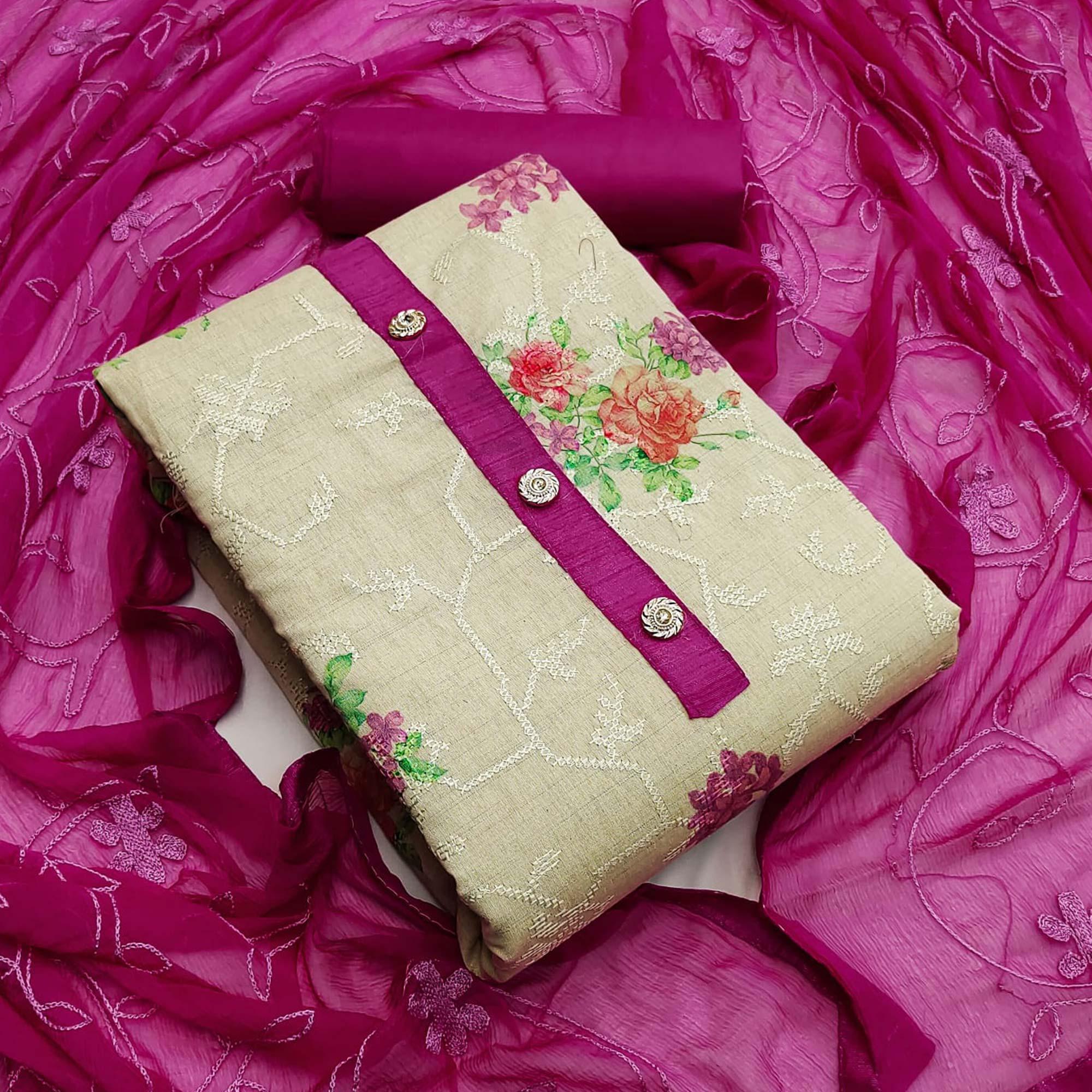 Chikoo Casual Wear Embroidery With Floral Printed Cotton Dress Material - Peachmode