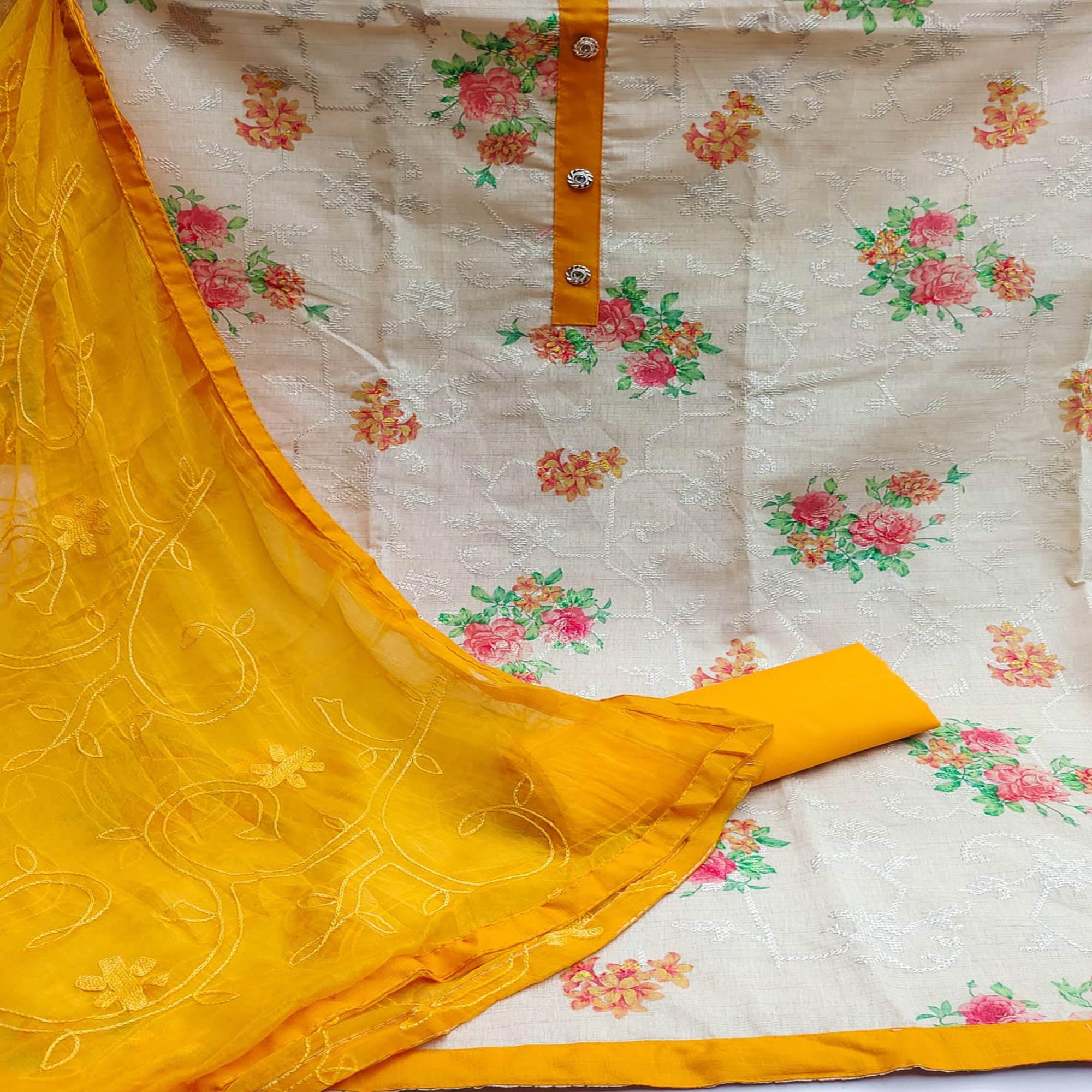 Chikoo Casual Wear Embroidery With Floral Printed Cotton Dress Material - Peachmode