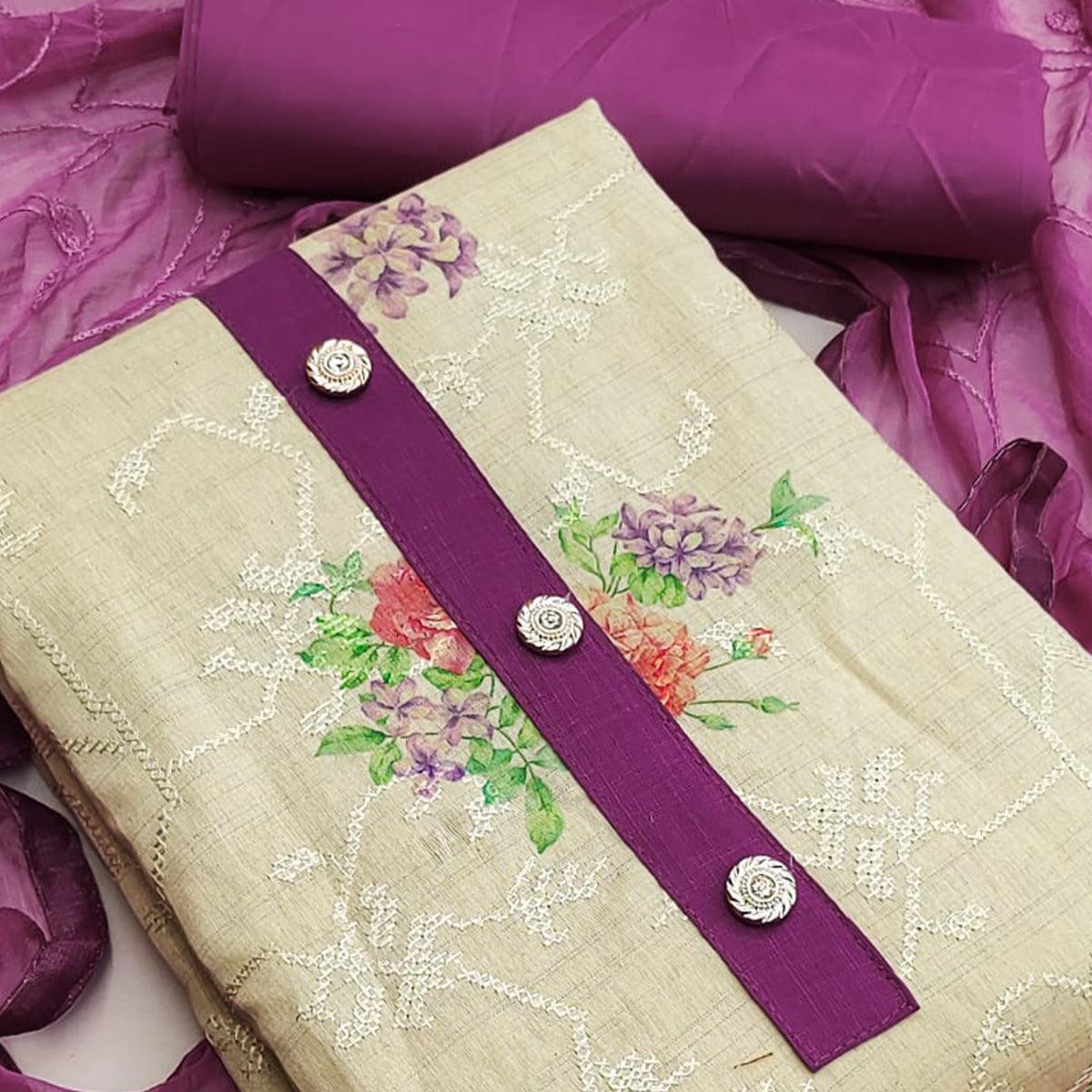 Chikoo Casual Wear Embroidery With Floral Printed Cotton Dress Material - Peachmode