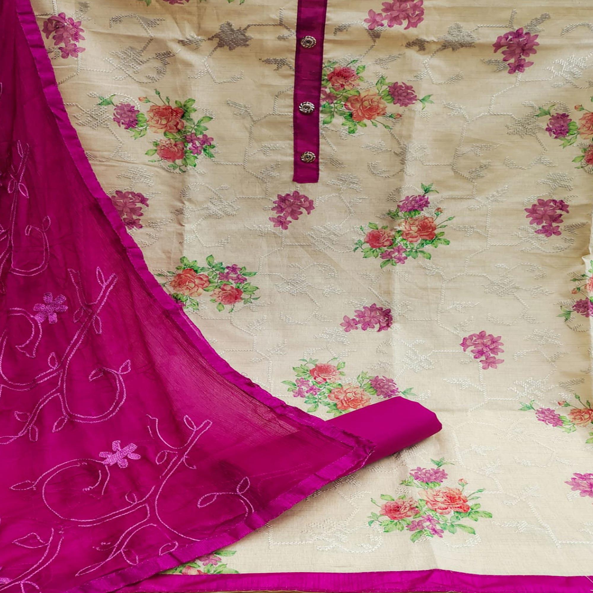 Chikoo Casual Wear Embroidery With Floral Printed Cotton Dress Material - Peachmode