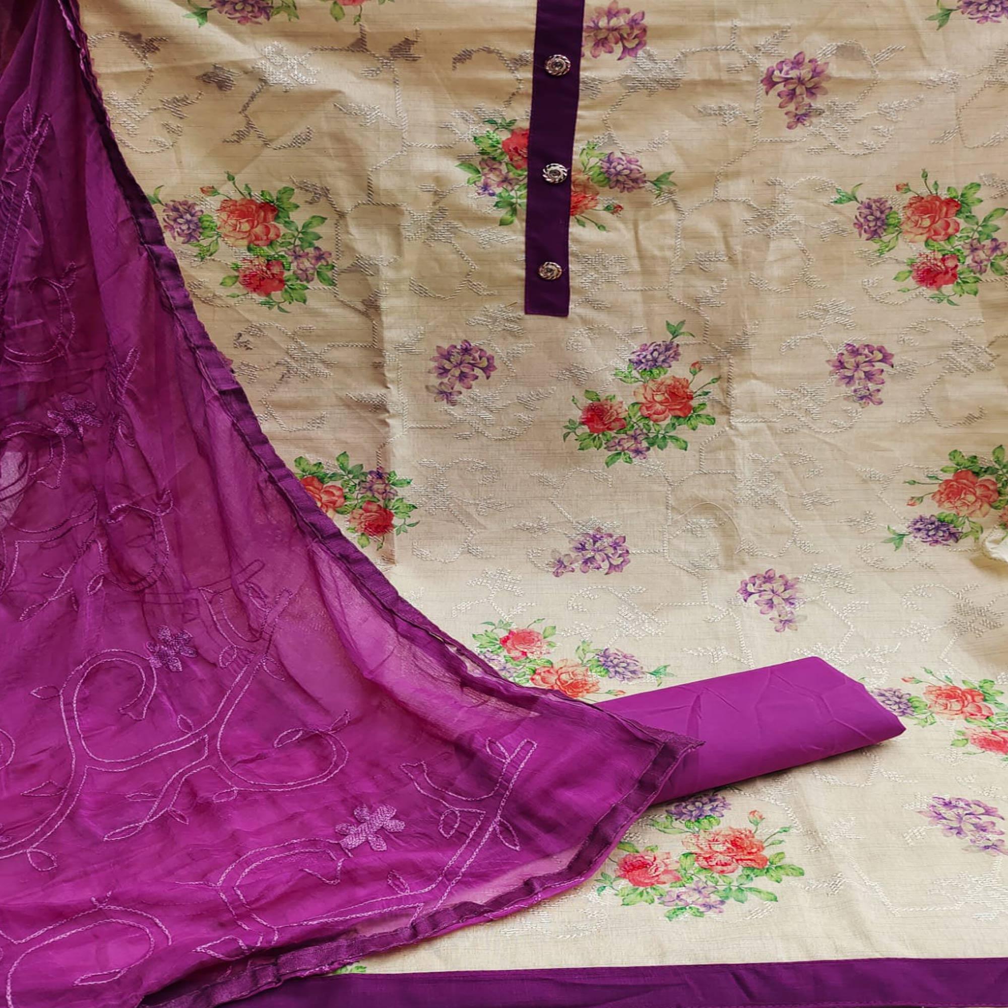 Chikoo Casual Wear Embroidery With Floral Printed Cotton Dress Material - Peachmode