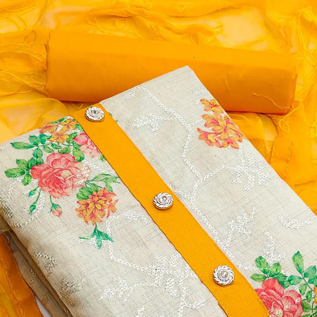 Chikoo Casual Wear Embroidery With Floral Printed Cotton Dress Material - Peachmode