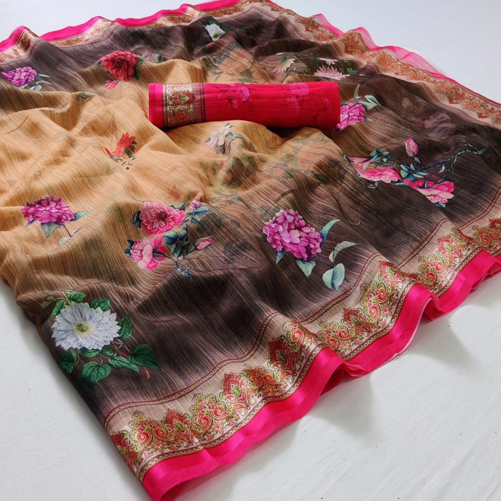 Chikoo Casual Wear Floral Digital Printed Linen Saree - Peachmode