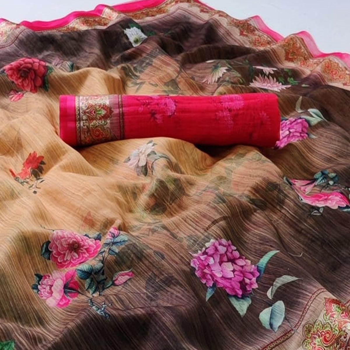 Chikoo Casual Wear Floral Digital Printed Linen Saree - Peachmode