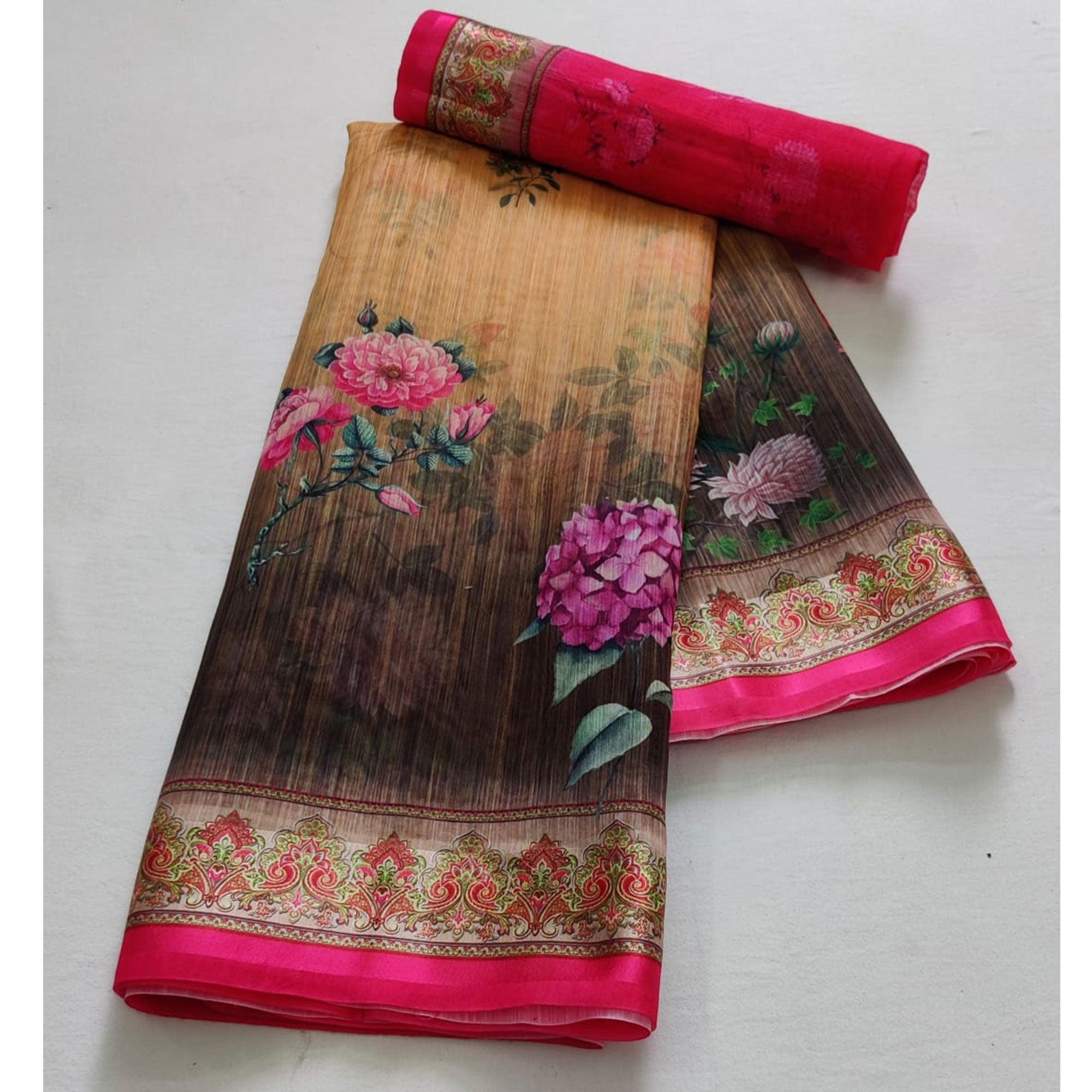 Chikoo Casual Wear Floral Digital Printed Linen Saree - Peachmode