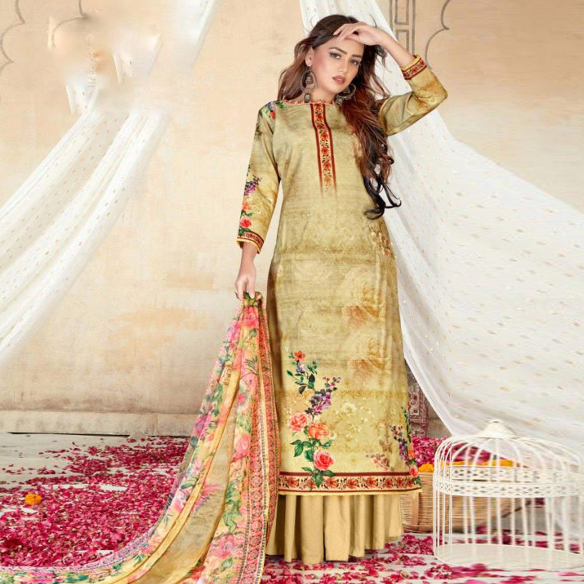 Chikoo Casual Wear Floral Printed Poly Cotton Dress Material - Peachmode