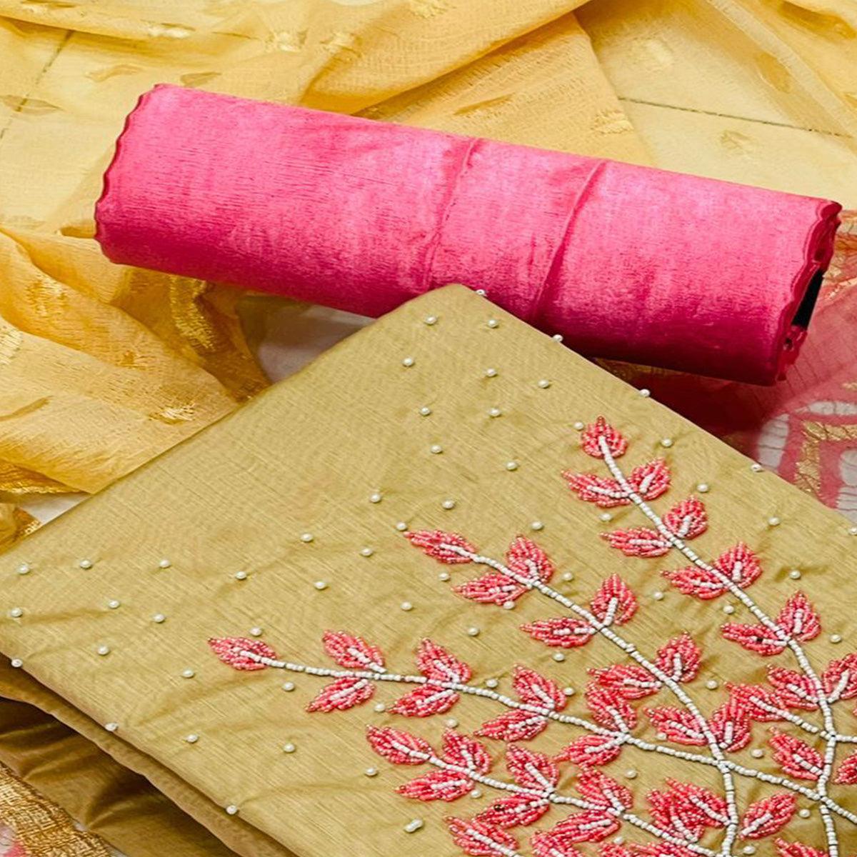 Chikoo Casual Wear Pearl Handwork Modal Silk  Dress Material - Peachmode