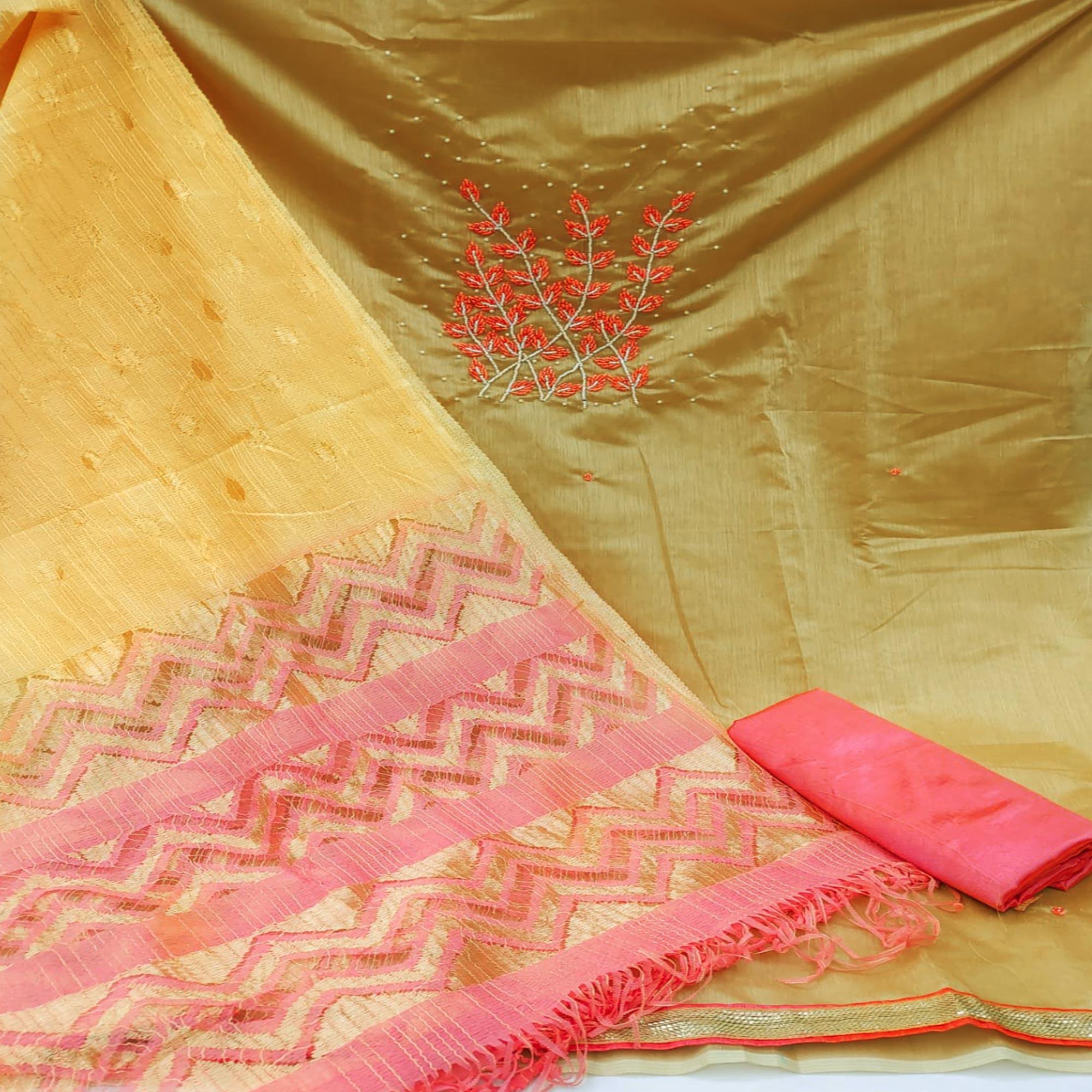 Chikoo Casual Wear Pearl Handwork Modal Silk  Dress Material - Peachmode