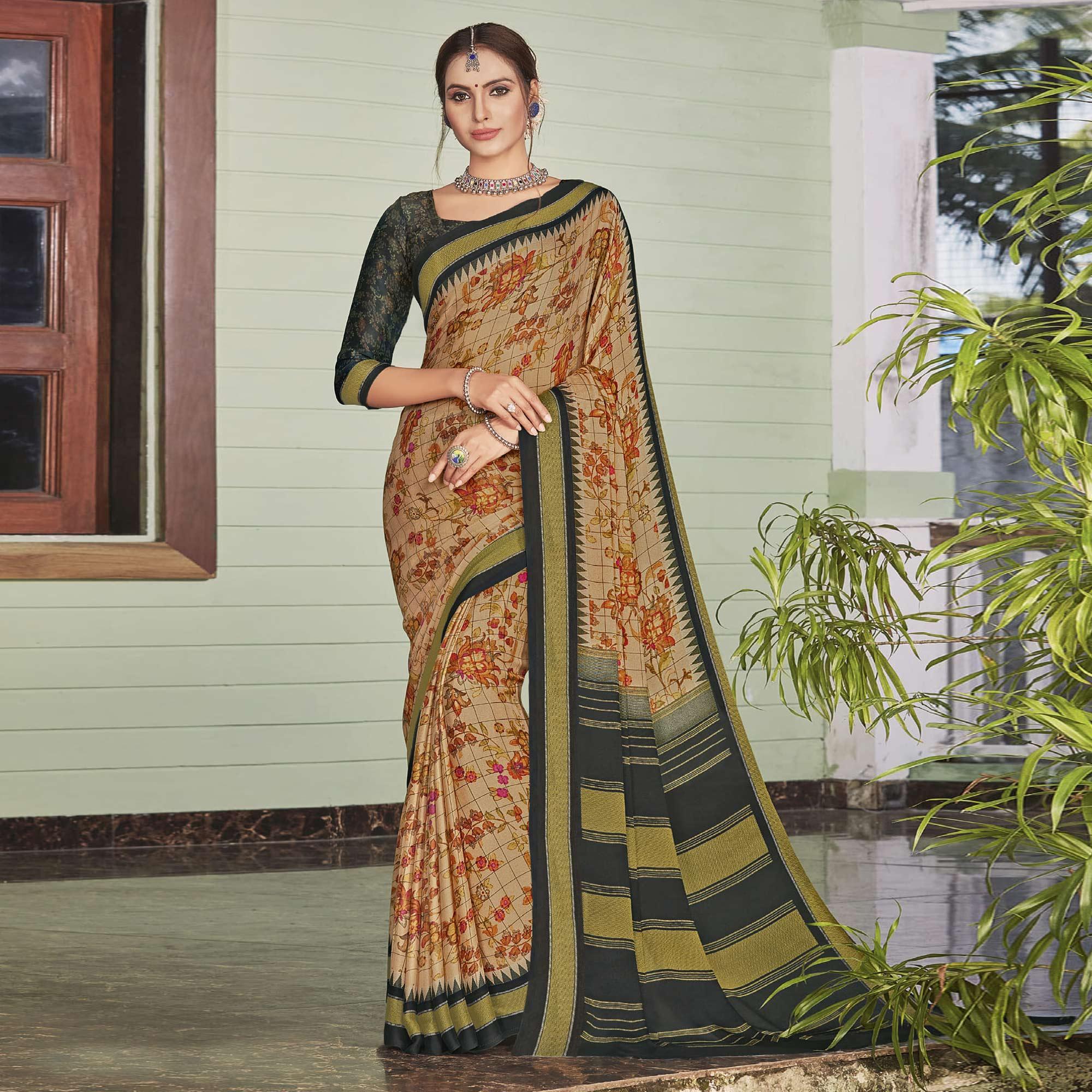 Chikoo Casual Wear Printed Crepe Saree - Peachmode