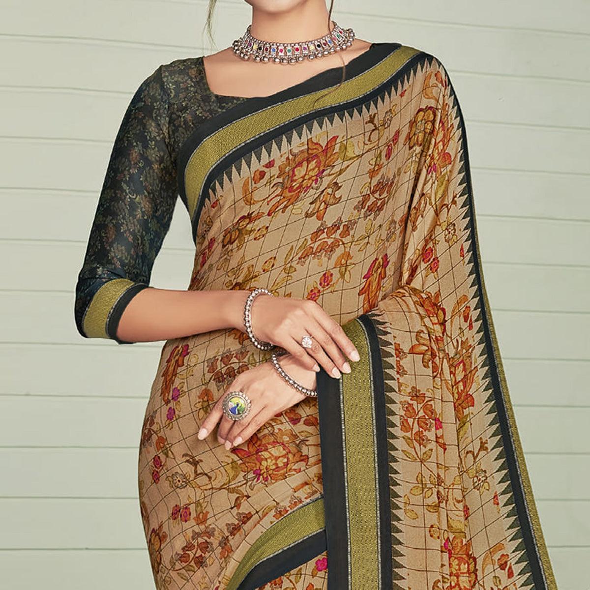 Chikoo Casual Wear Printed Crepe Saree - Peachmode