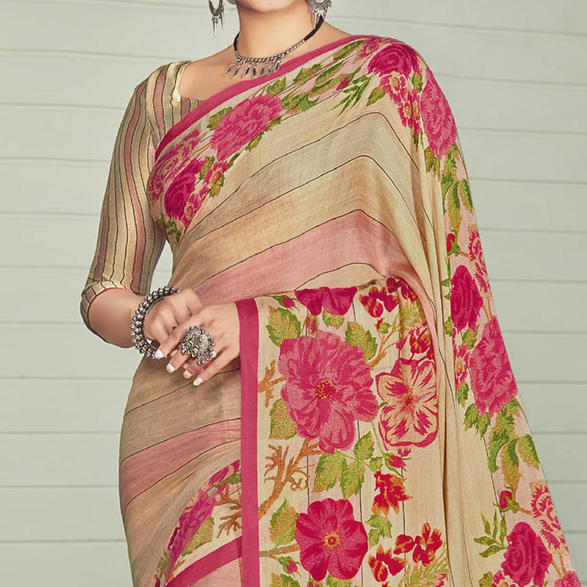 Chikoo Casual Wear Printed Crepe Saree - Peachmode