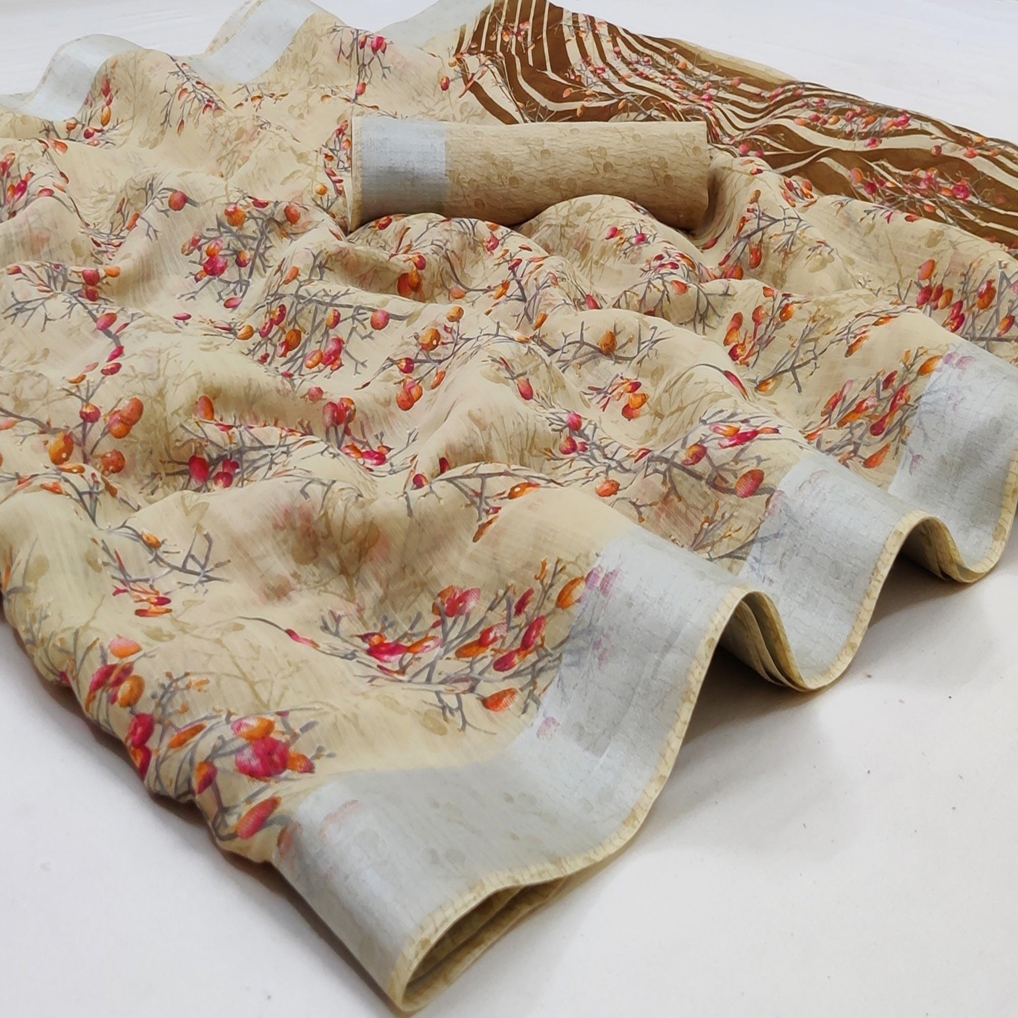 Chikoo Casual Wear Printed Linen Cotton Saree - Peachmode
