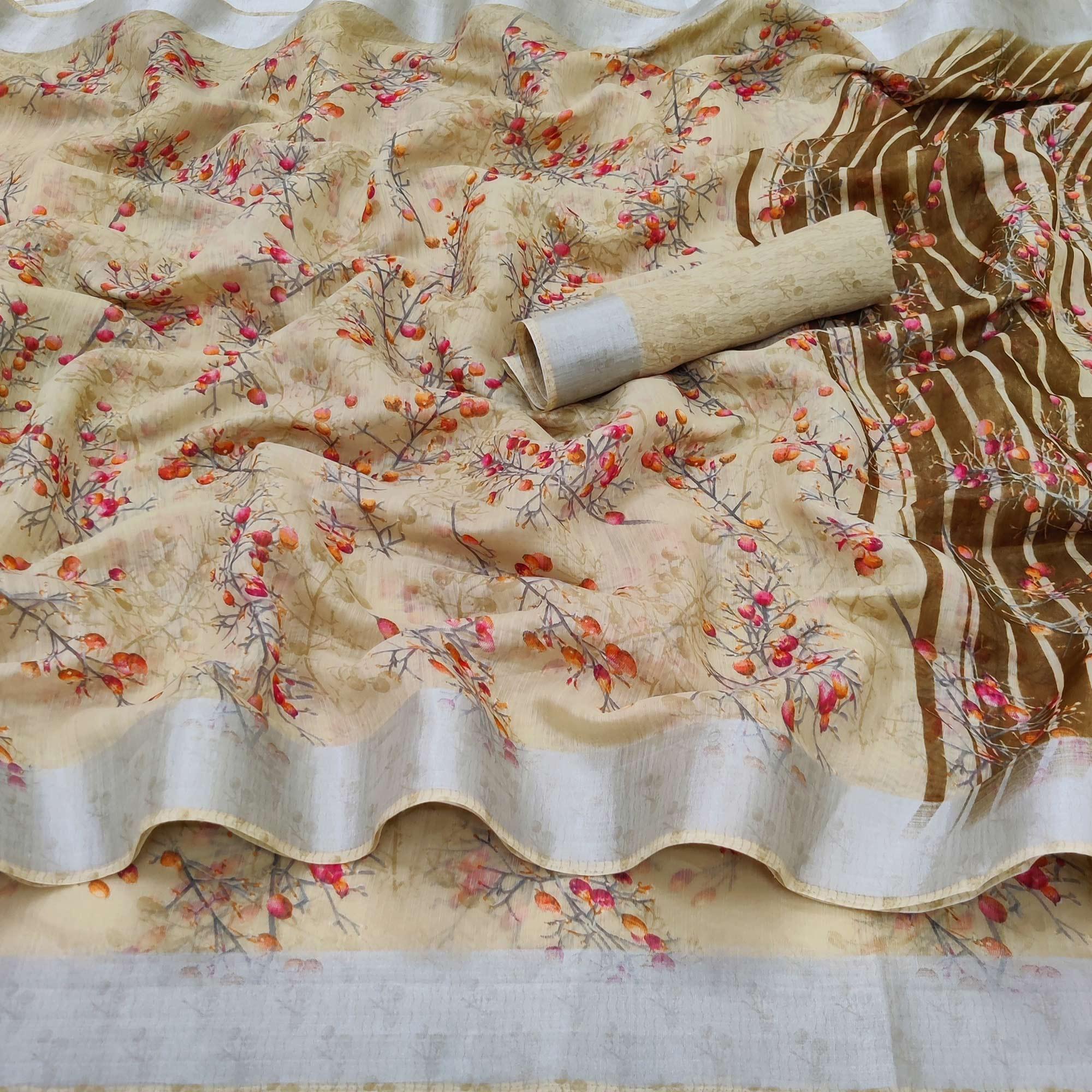 Chikoo Casual Wear Printed Linen Cotton Saree - Peachmode