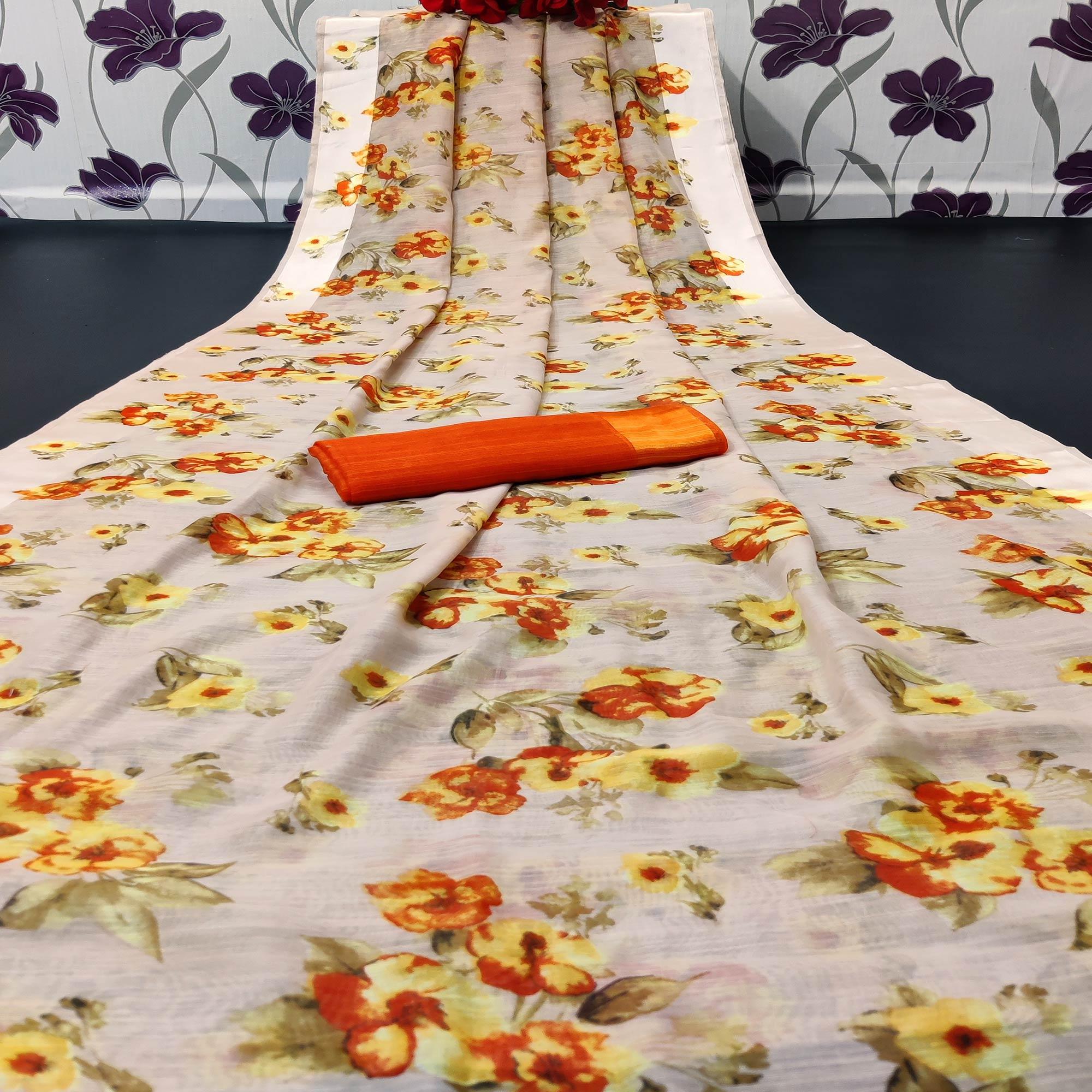 Chikoo Colored Casual Wear Floral Printed Linen Saree - Peachmode