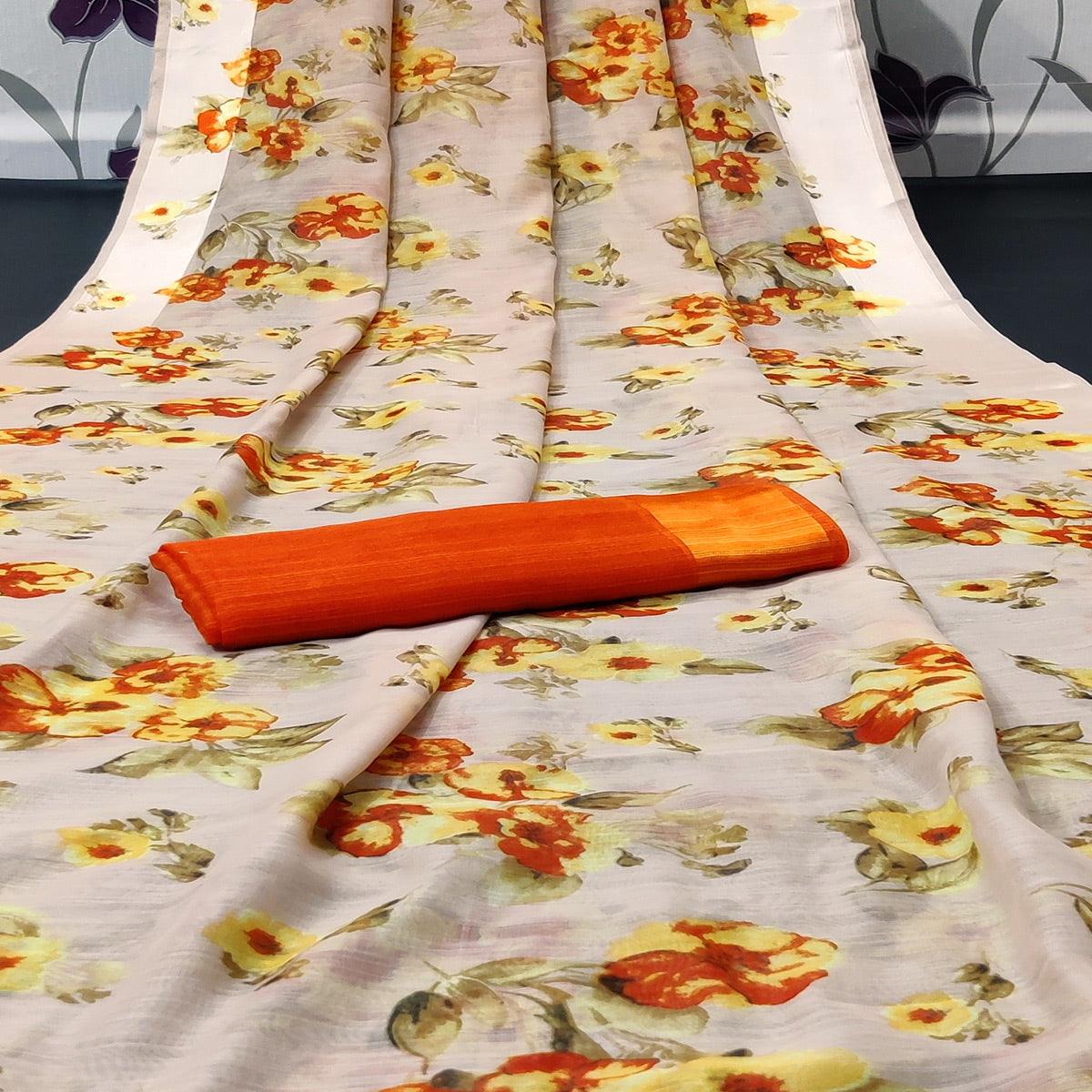 Chikoo Colored Casual Wear Floral Printed Linen Saree - Peachmode