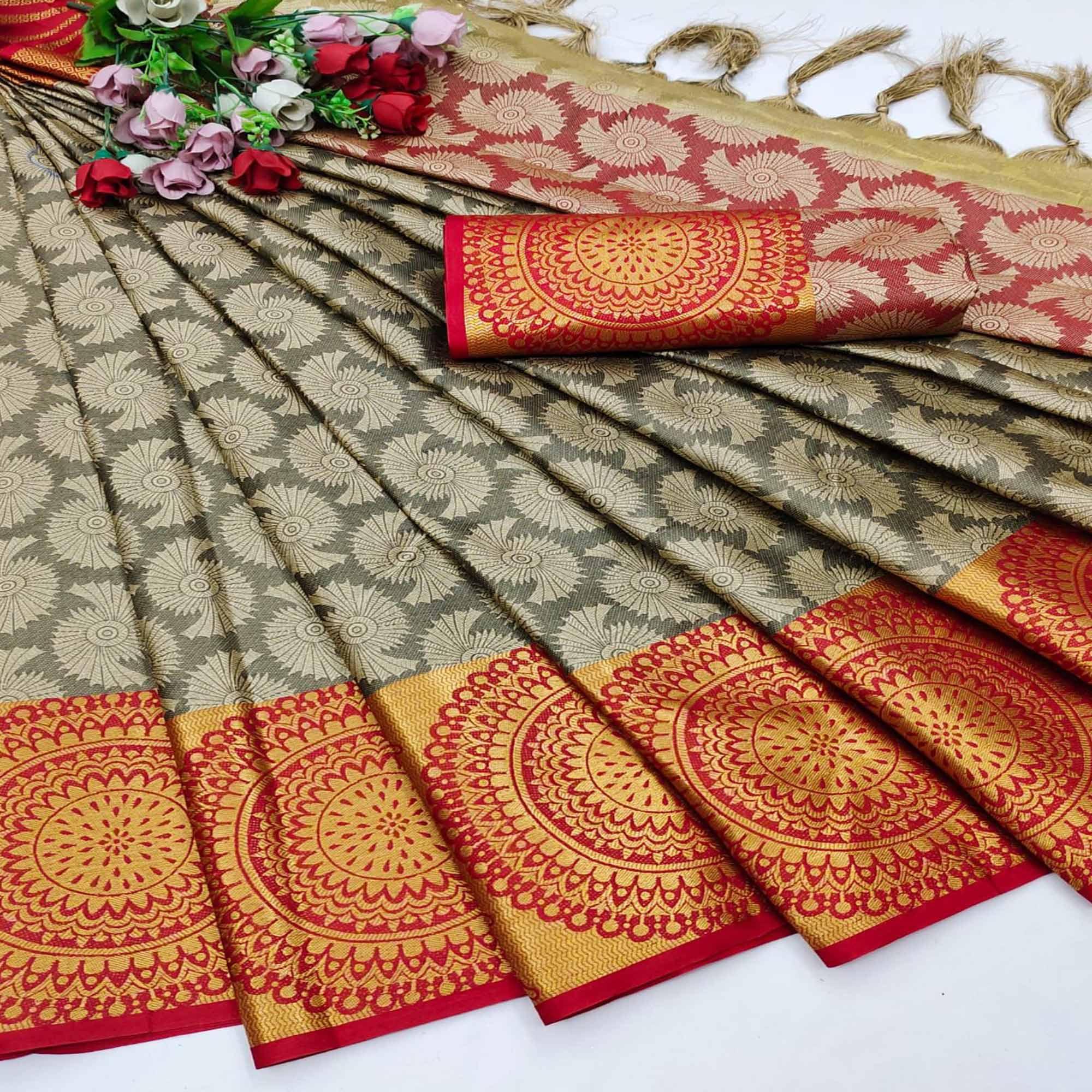 Chikoo Colored Festive Wear Woven Desginer Cotton Silk Saree - Peachmode