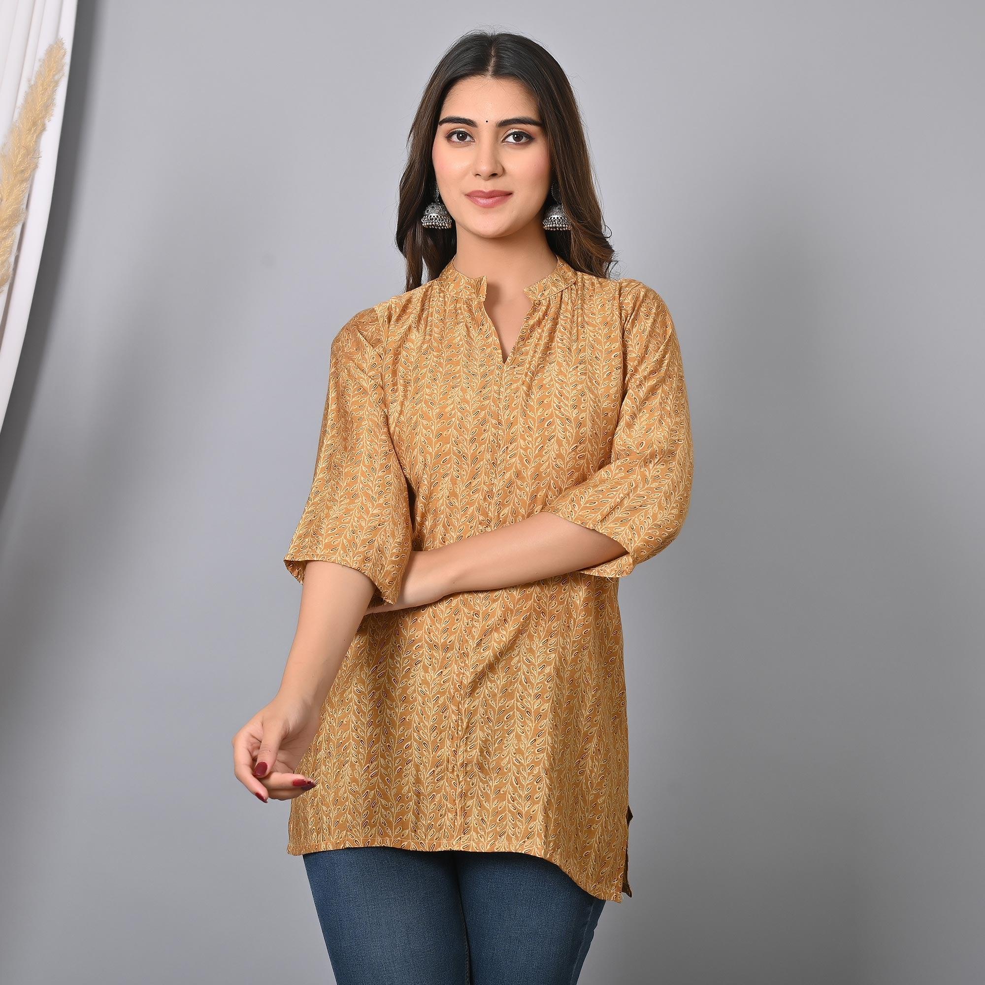 Chikoo Colored Floral Printed Chanderi Top - Peachmode